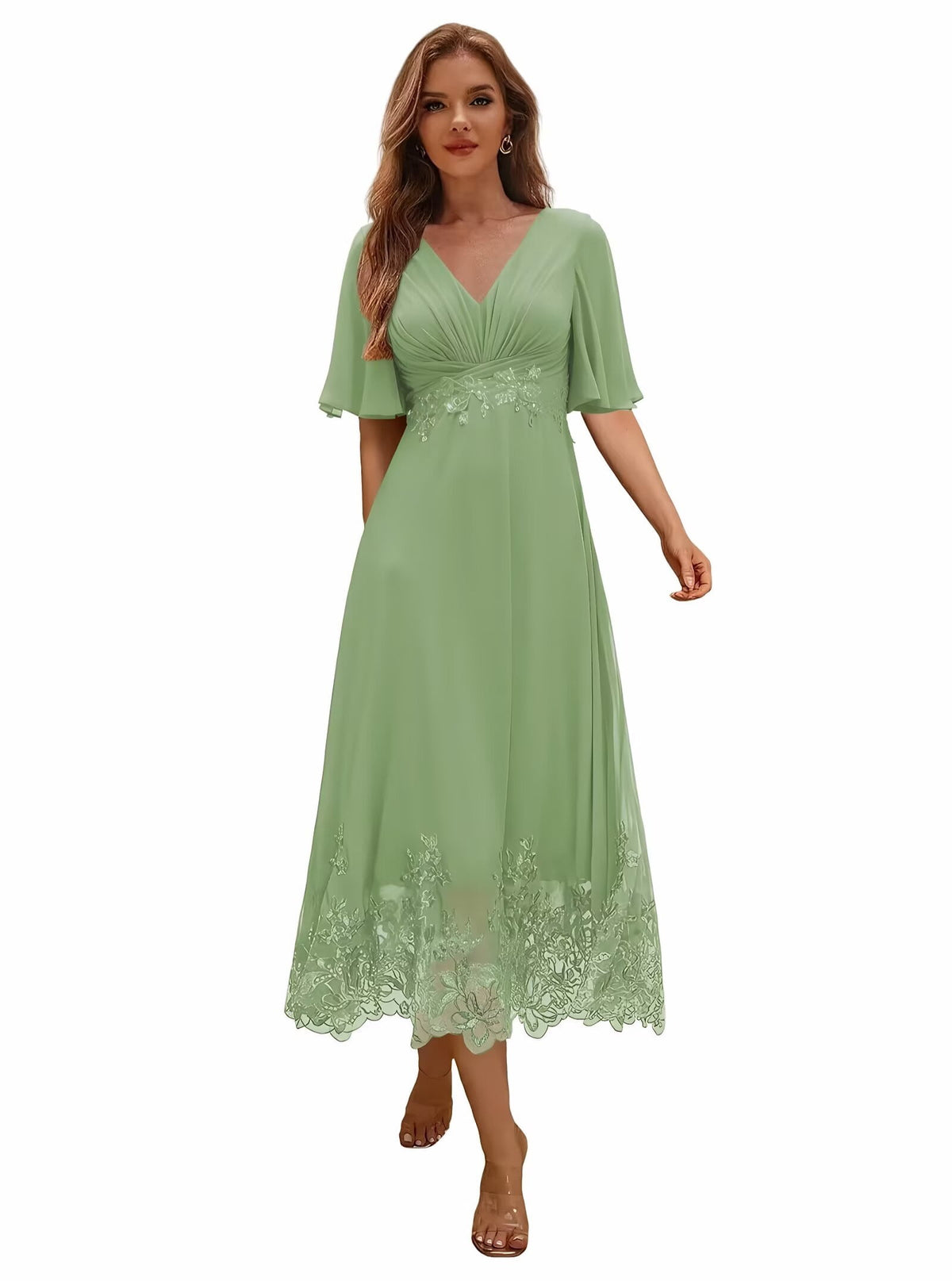 thumbnail image 1 of optkeat Tea Length Mother of the Bride Dress for Women, V Neck Flutter Sleeve Chiffon Formal Evening Dress with Lace Appliques, 1 of 8
