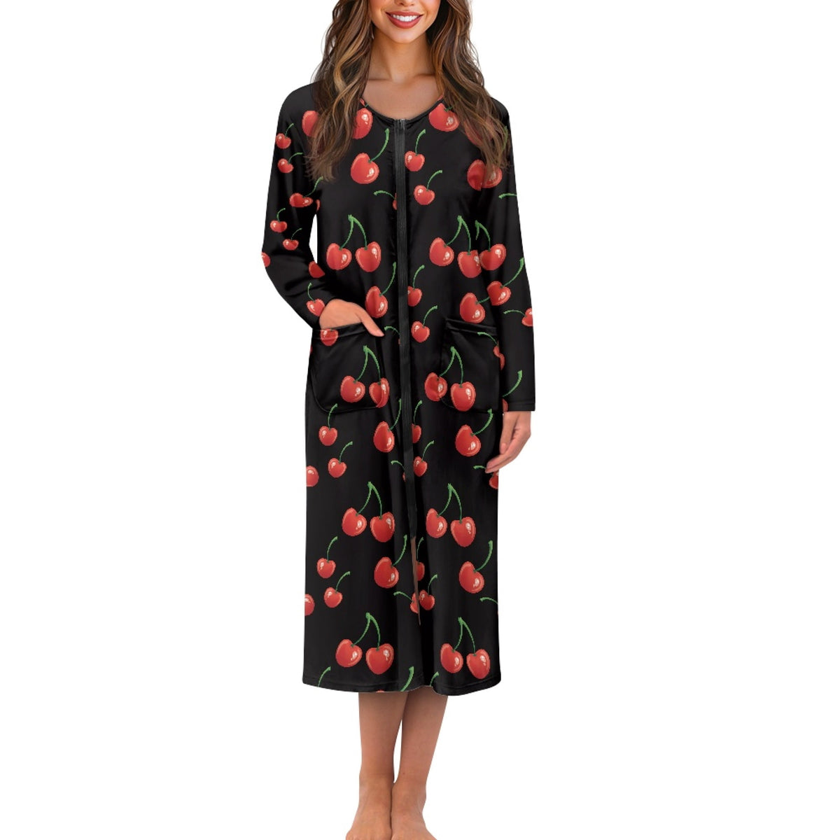 thumbnail image 1 of FOR U DESIGNS Cherry Print House Dresses for Women Comfortable Long Sleeve Night Shirts Soft Duster Lounger Robe with Pockets,Sleep Dress with Zipper, S, 1 of 8