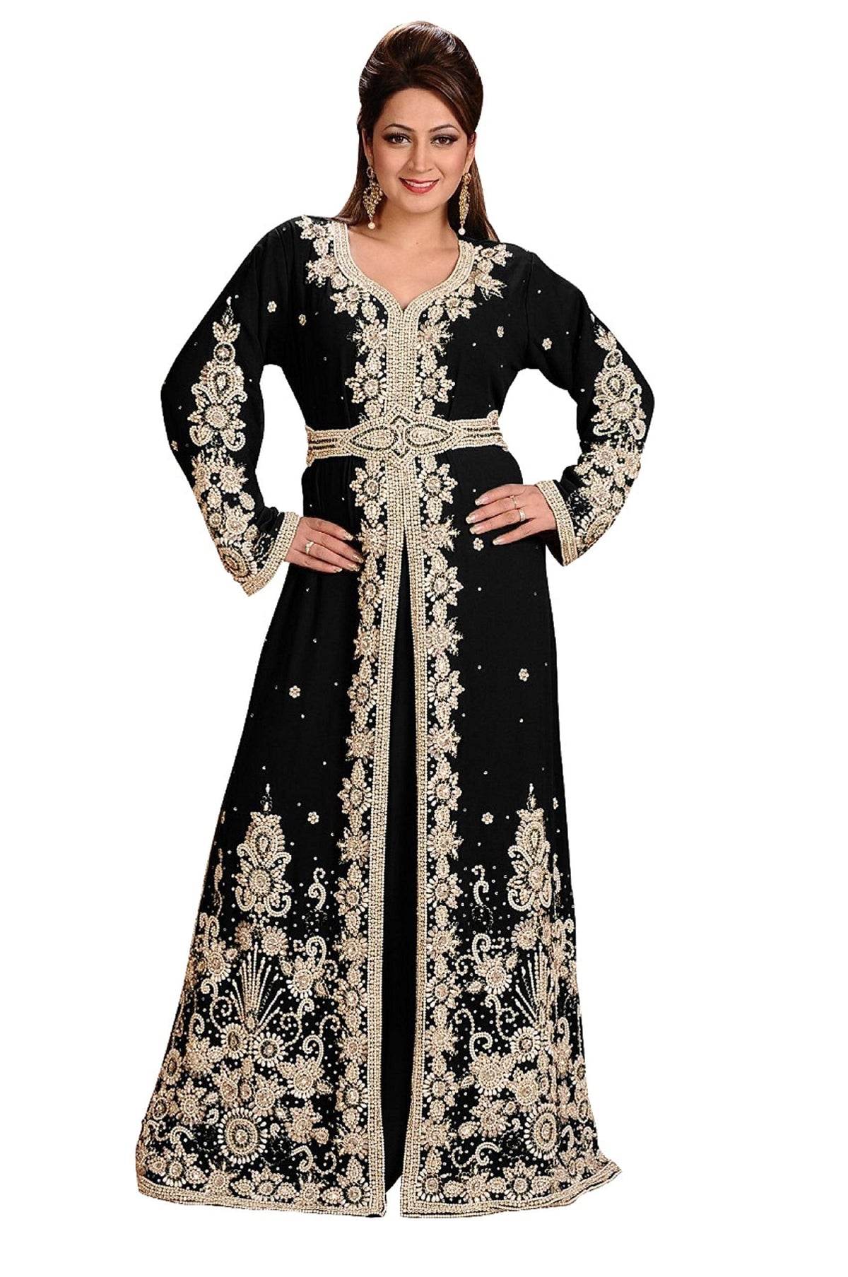 thumbnail image 1 of UNIQUE KAFTANS Women's Embroidered Georgette Kaftan Dress, Long Sleeve Maxi Caftan, Elegant Evening Gown, Black, One Size, 1 of 2