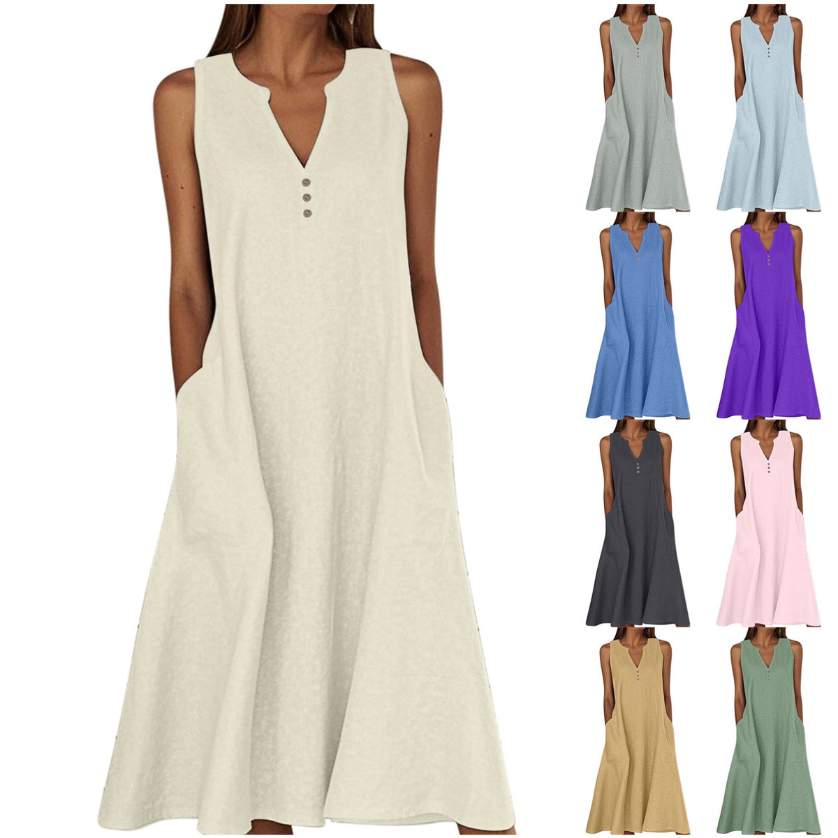 thumbnail image 1 of UVEASISHA Cotton Linen Dresses for Women Sleeveless Henley Shirt Maxi Dress 2025 Summer Beach Party Tank Sundress with Pockets Black M, 1 of 6