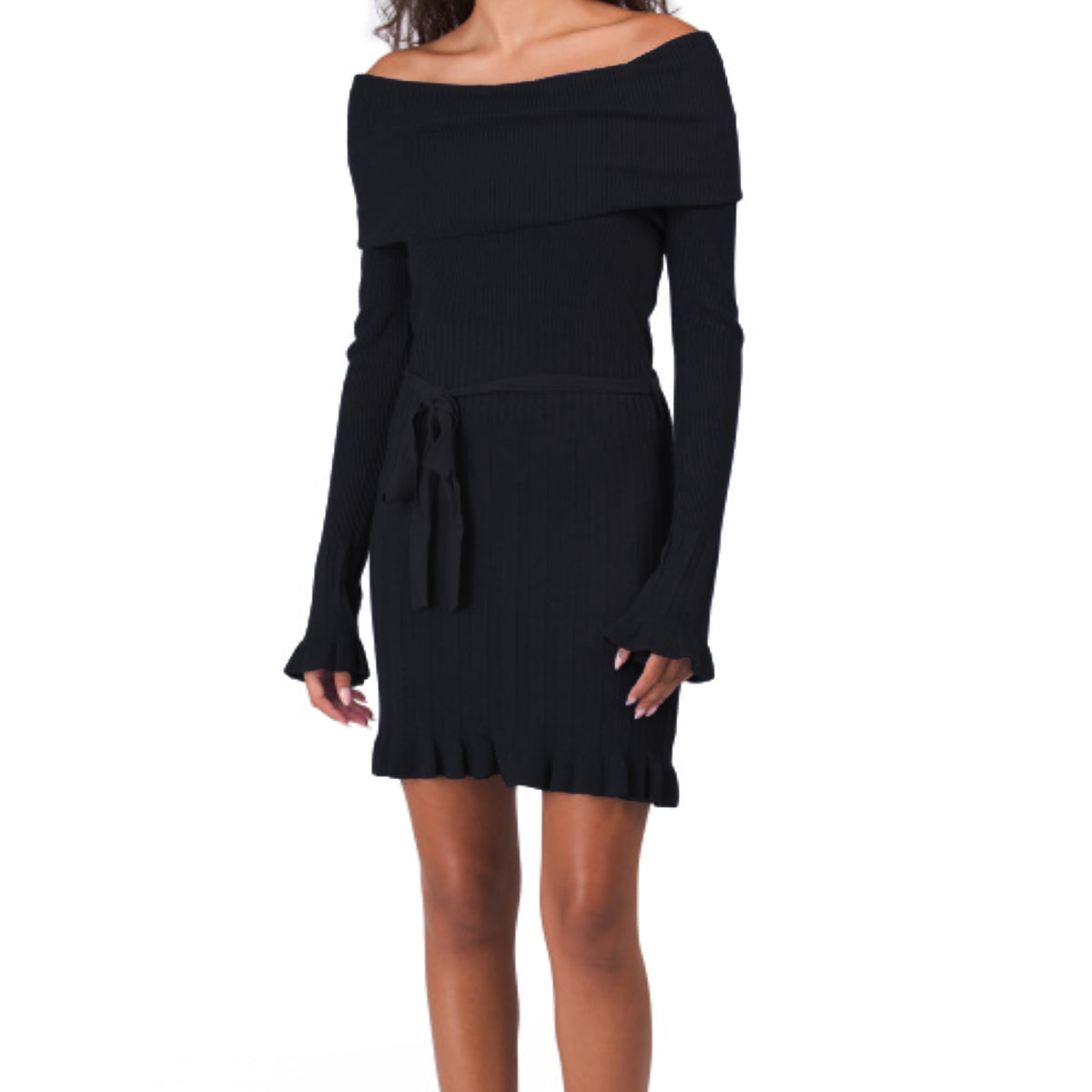 thumbnail image 1 of VERTIGO Cowl Neck Pleated Skirt Waist Tie Ribbed Knit Mini Dress (Black, S), 1 of 11