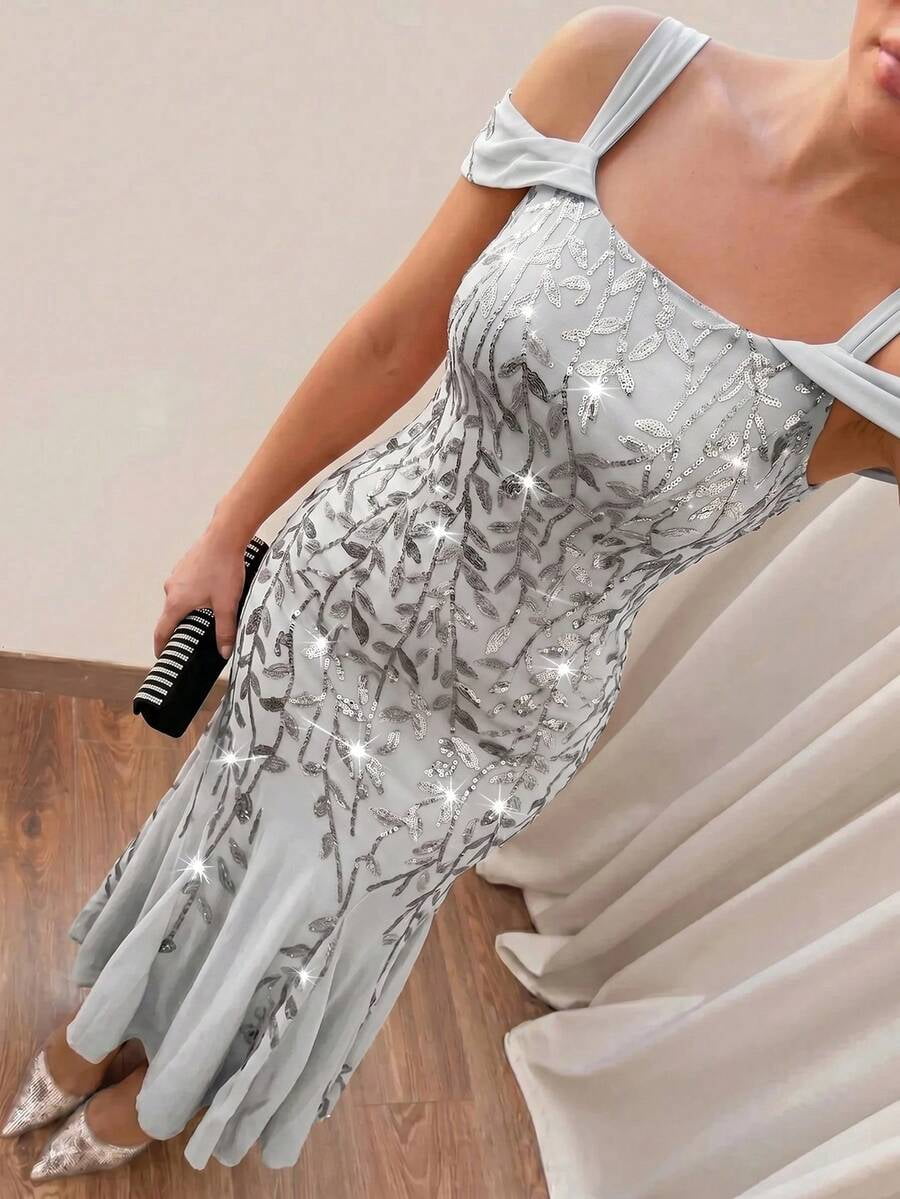 thumbnail image 1 of White Sequin Off-Shoulder Mermaid Gown, Sparkle Party Dress, 1 of 10