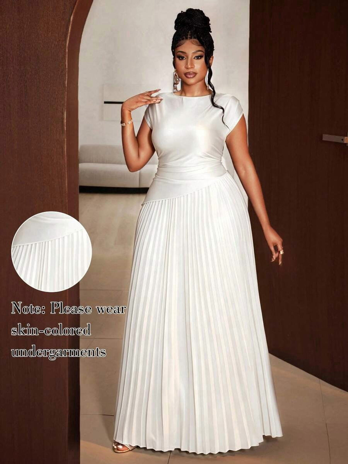 thumbnail image 1 of White Women Elegant Solid Color Pleated Round Neck Sleeveless Dress, 1 of 8