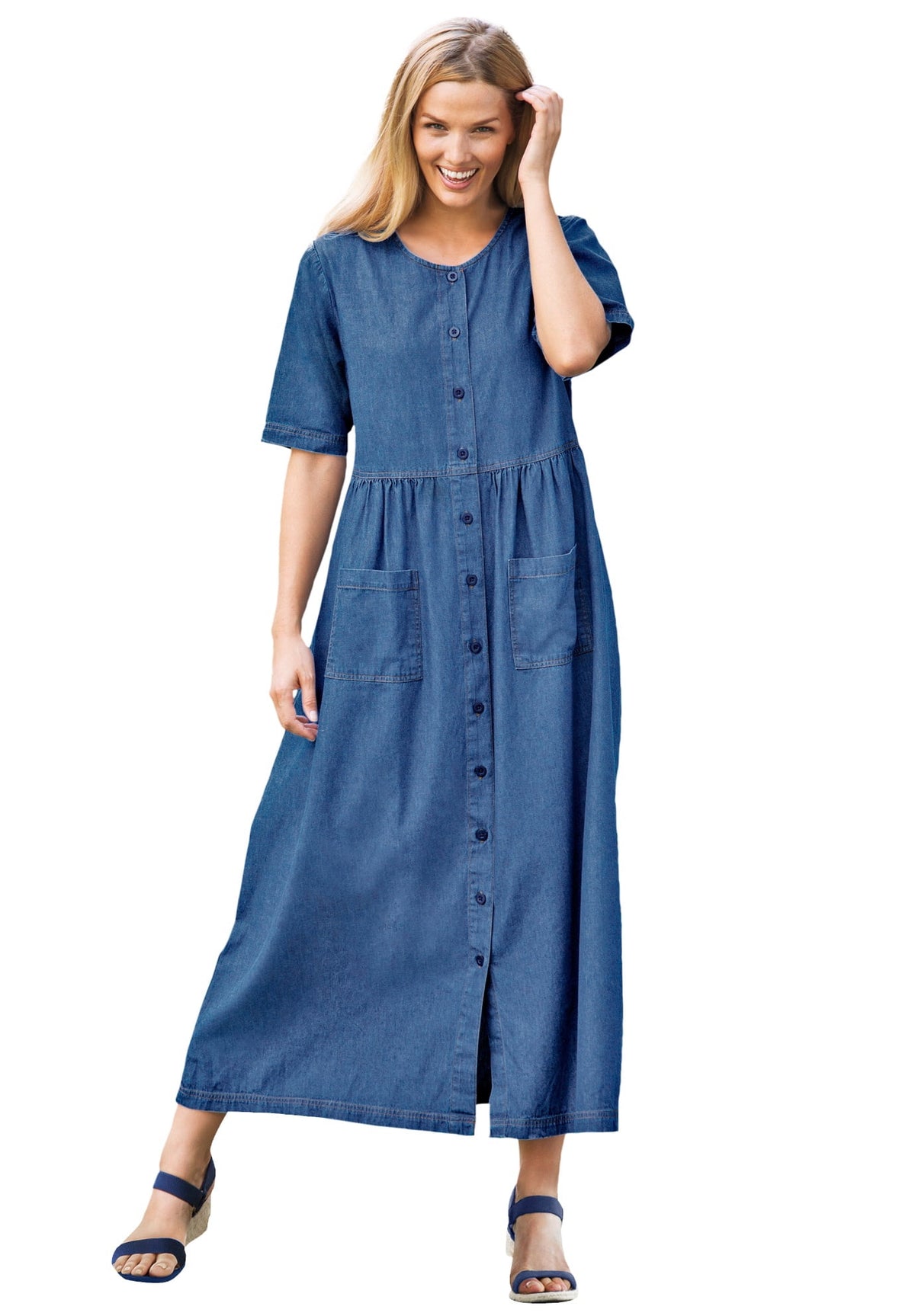 thumbnail image 1 of Woman Within Plus Size Petite Short-Sleeve Denim Dress, 1 of 5