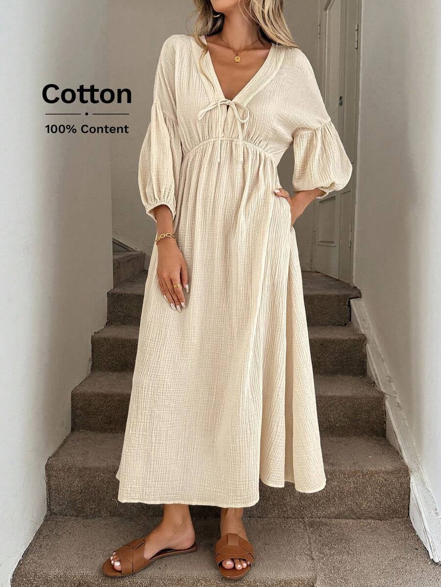 thumbnail image 1 of Women Apricot Cotton Boho Lantern Sleeve Midi Dress V-Neck Tie Waist, 1 of 5