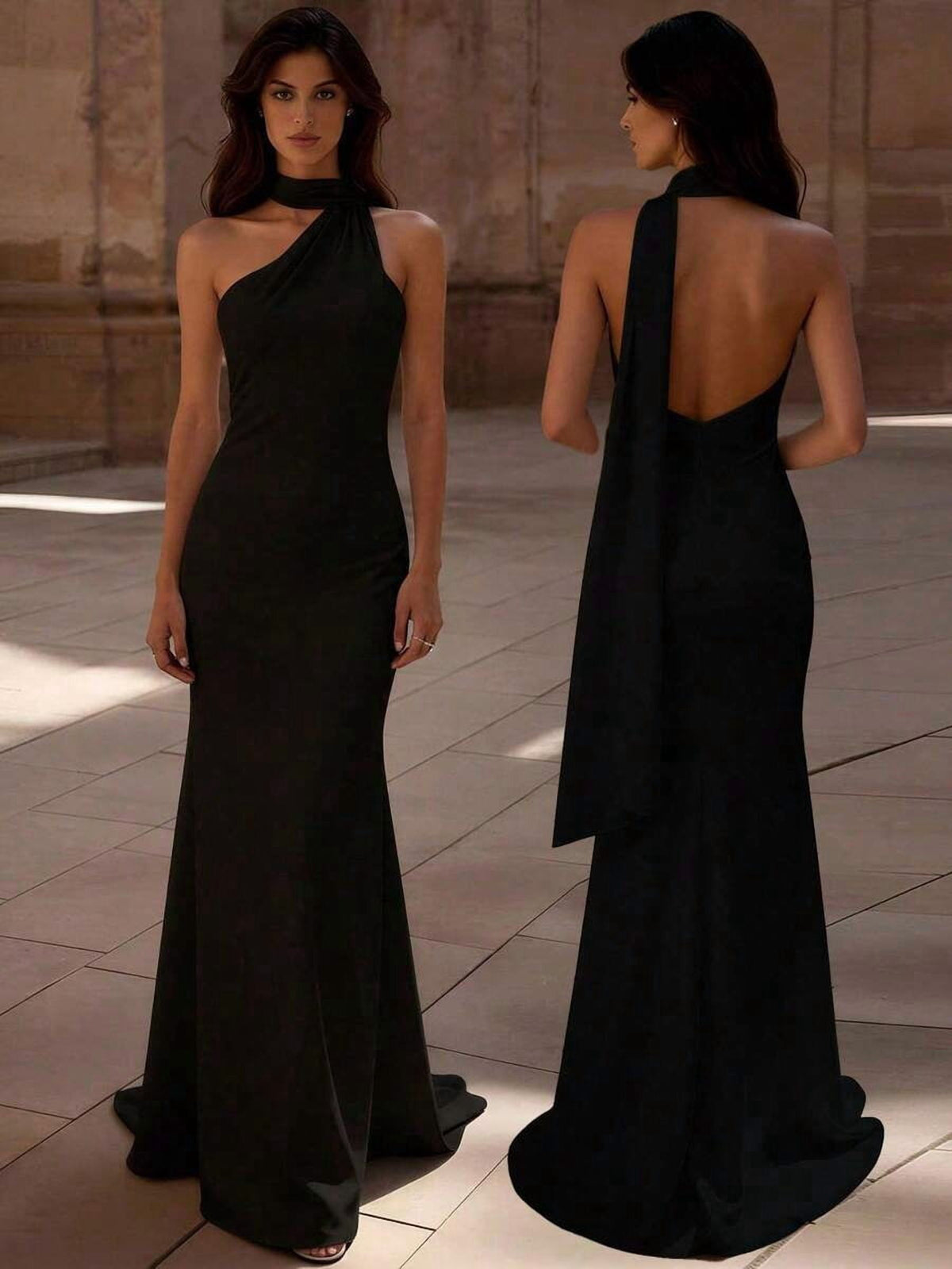 thumbnail image 1 of Women Black One Shoulder Backless Mermaid Evening Dress, 1 of 5