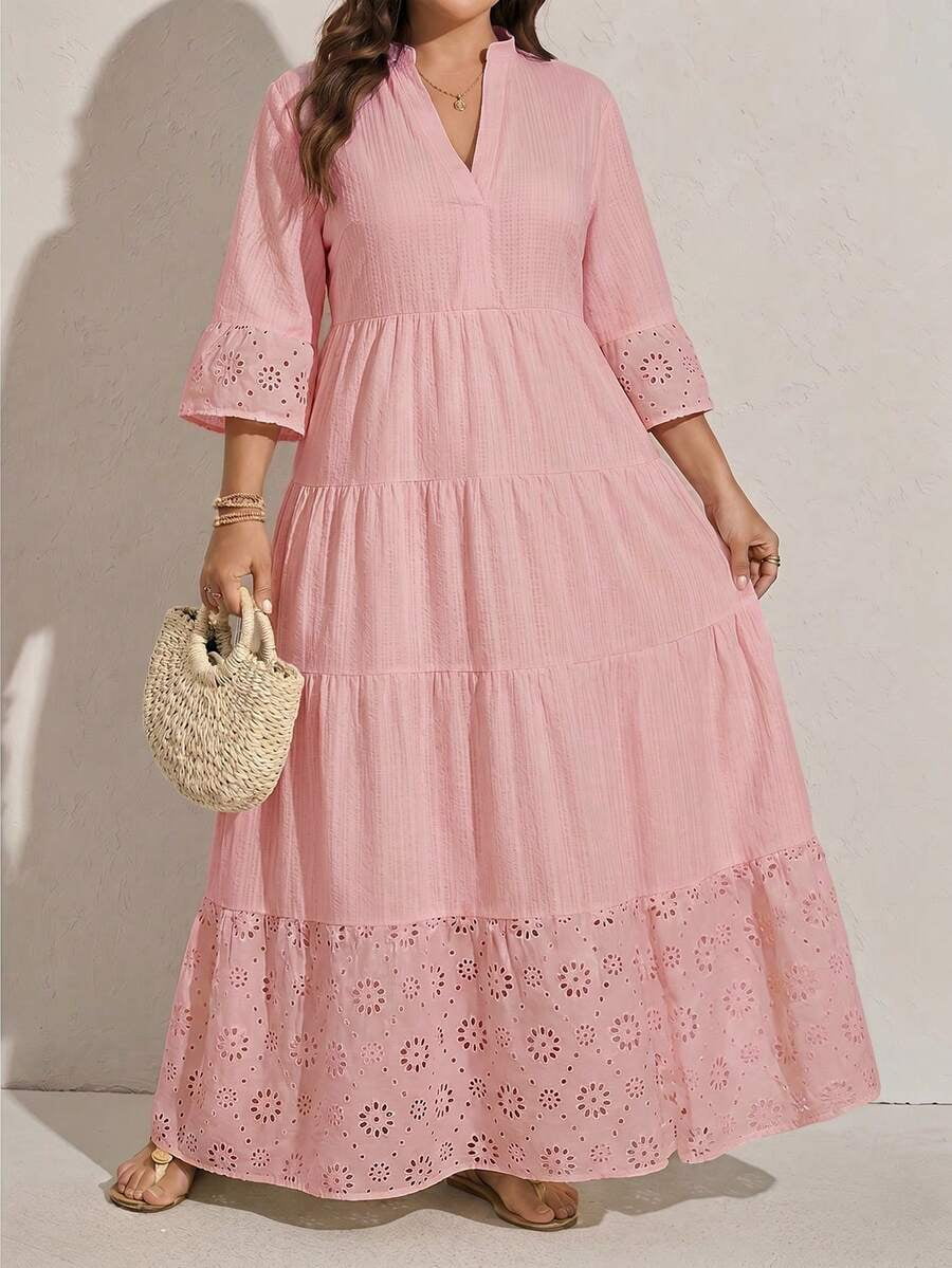 thumbnail image 1 of Women Pink V-Neck Tiered Hollow Embroidery Long Sleeve Maxi Dress, 1 of 6
