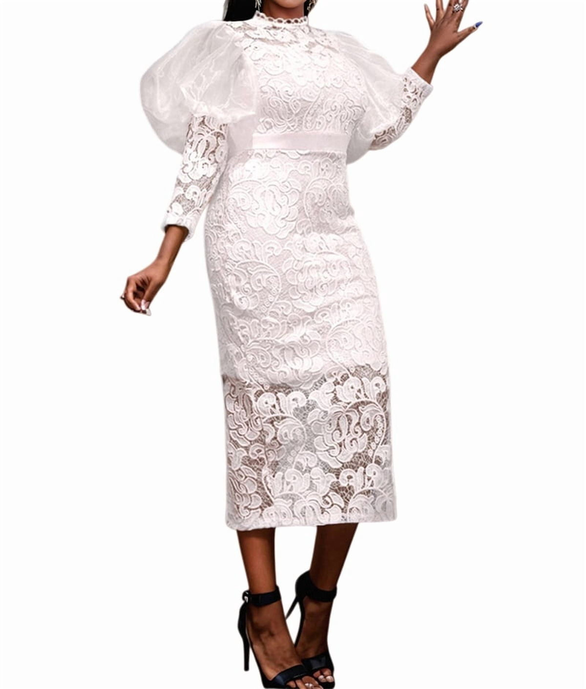 thumbnail image 1 of Women'S Elegant Floral Lace Long Sleeve Bodycon Pencil Dress for Evening Events White XXL, 1 of 9