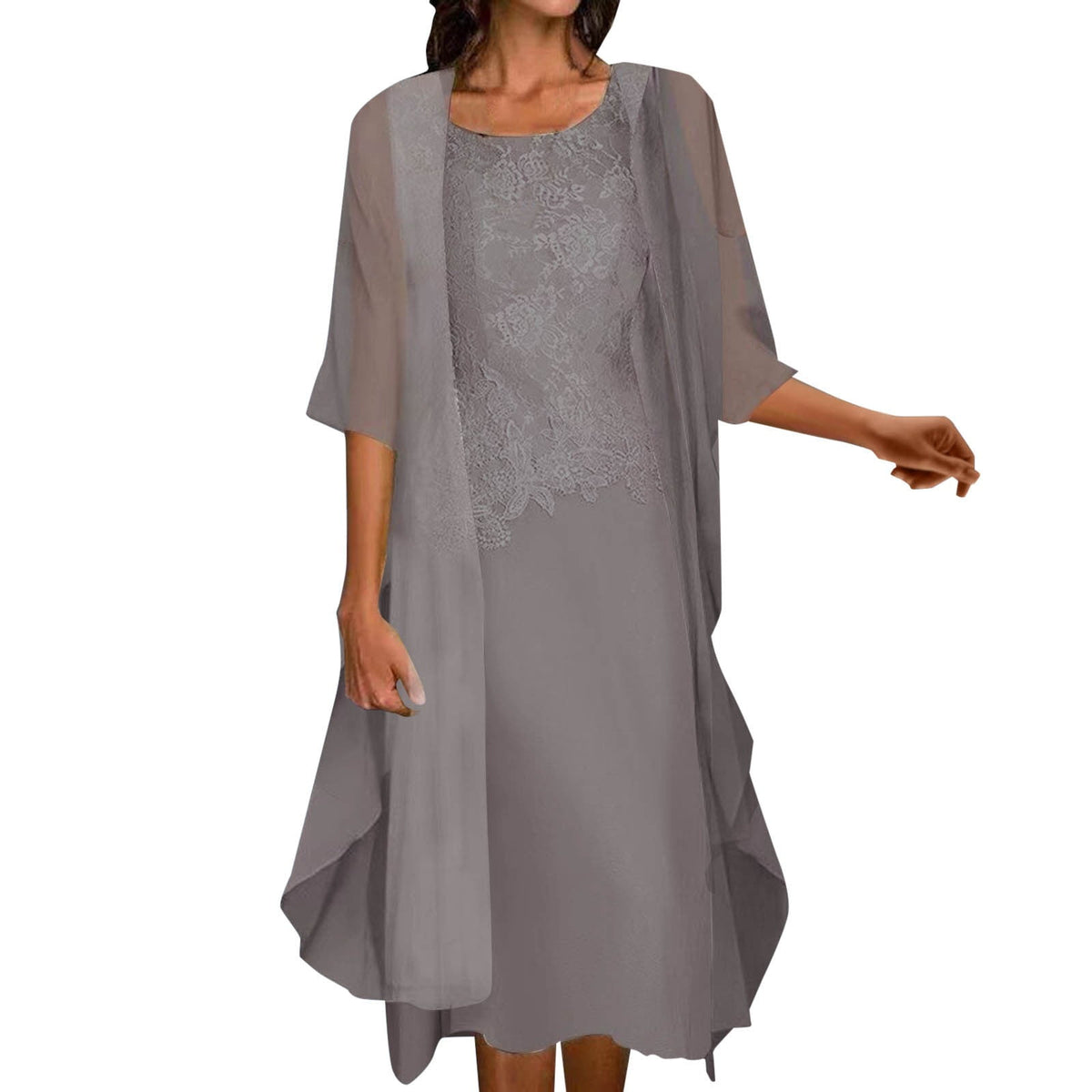 thumbnail image 1 of Women'S Summer Dresses Women'S Casual Fashion Elegant Lace Chiffon Pure Color Dress Two Piece Lace Grey XXXXL, 1 of 6