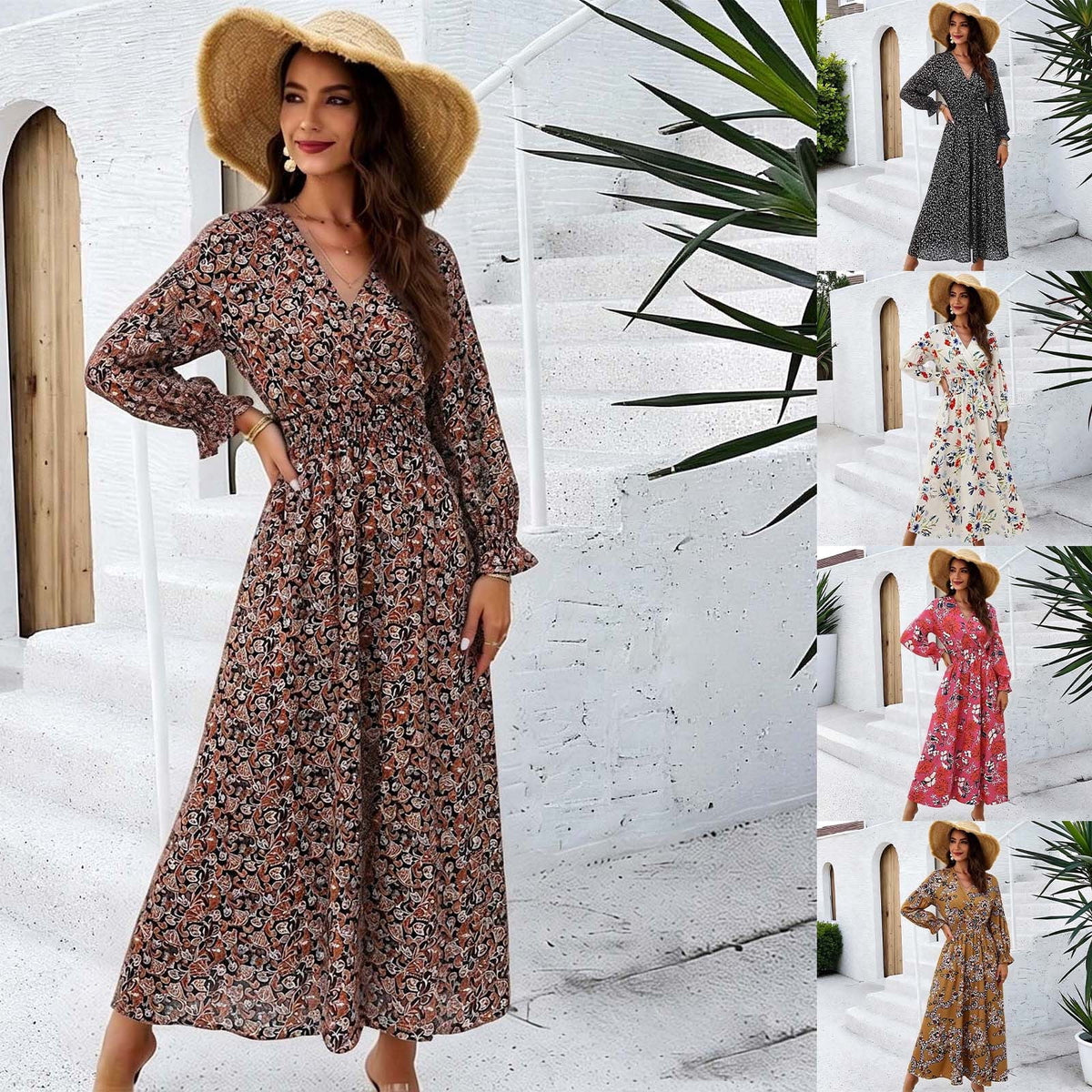 thumbnail image 1 of Women's Boho Maxi Dress Elegant Long Sleeve Elegant Floral Printmal Dress Occasities Sophisticated Flowy Beach Dresses Black S-XXL, 1 of 7