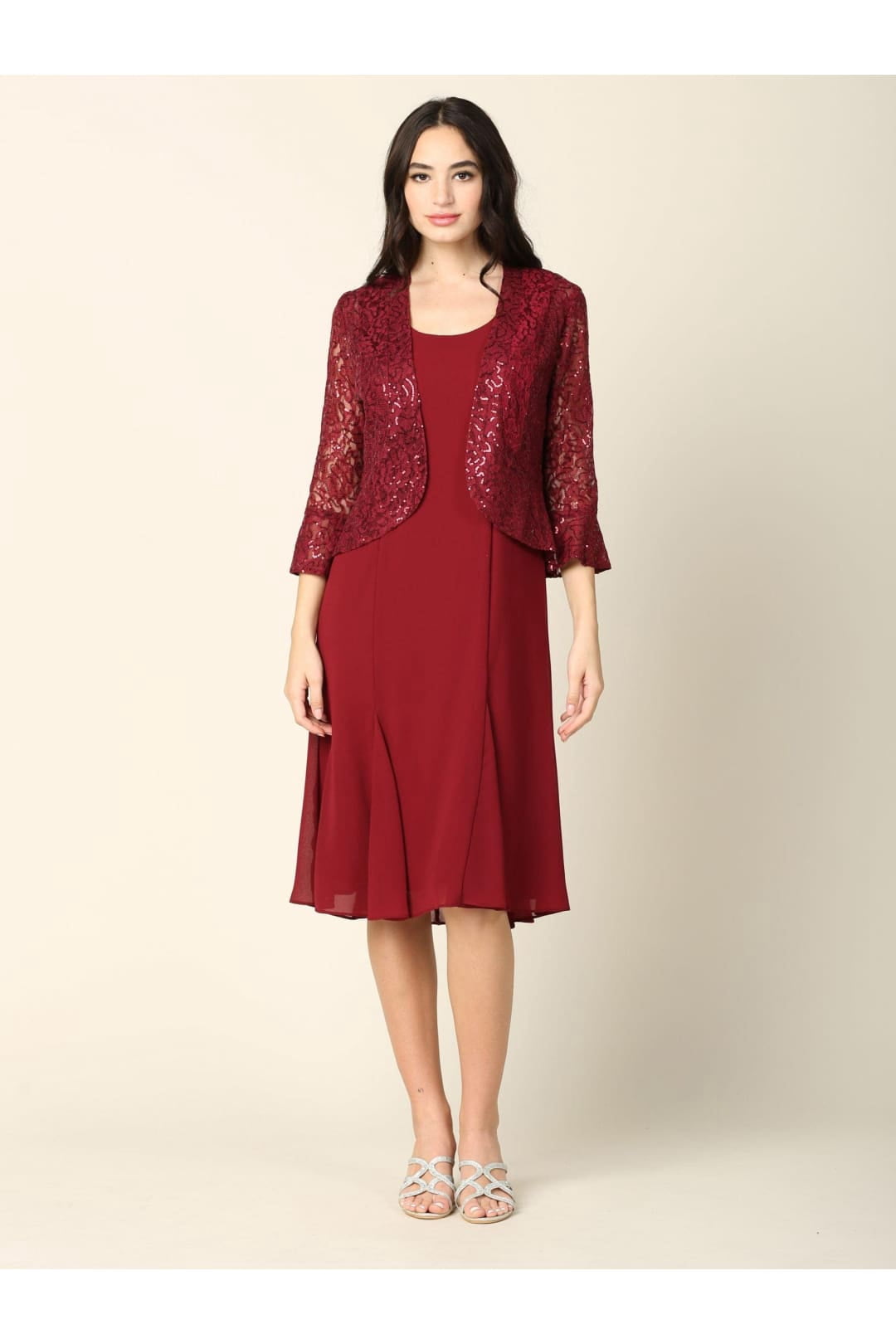 thumbnail image 1 of Women's Eva USA 3385 Short Mother Of Groom Two Piece Set Jacket Dress Burgundy L, 1 of 1