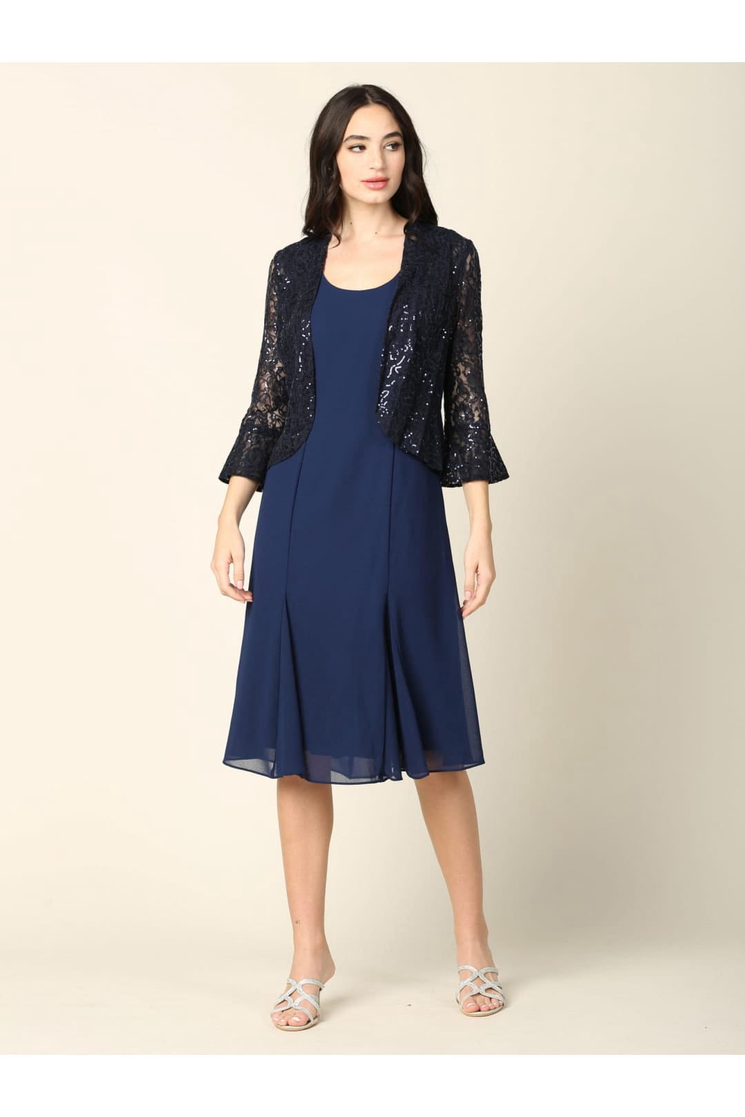 thumbnail image 1 of Women's Eva USA 3385 Short Mother Of Groom Two Piece Set Jacket Dress Navy Blue M, 1 of 1