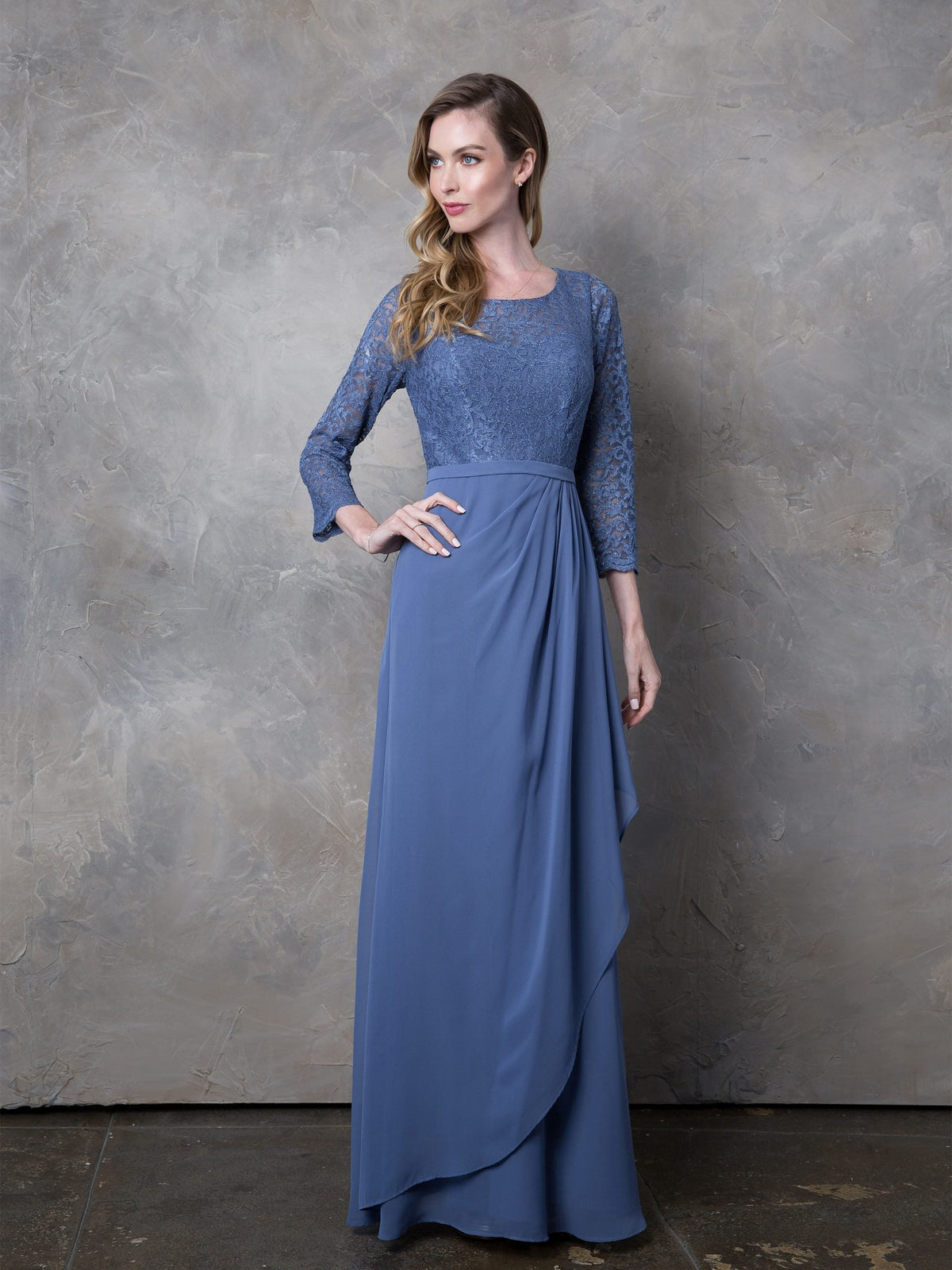 thumbnail image 1 of Women's Eva USA Fashion 3446 3 4 Sleeve Mother Of Groom Dress Lace Ankle Length Formal Gown Slate A dark, muted blue-gray Blue L, 1 of 9