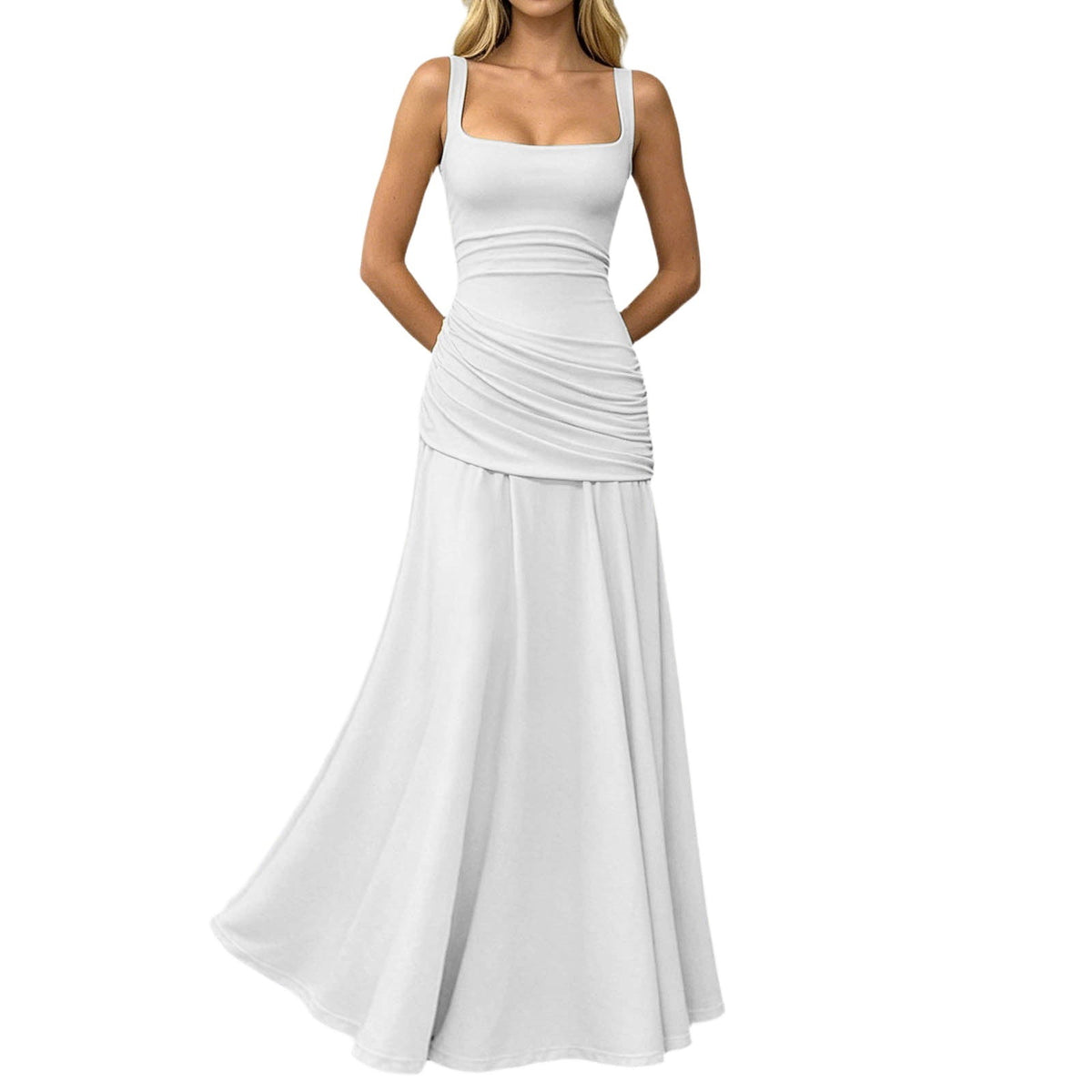 thumbnail image 1 of Women's Evening Gown,Square Neck Ruched A-Line Maxi and Sleeveless Tank Formal Dress for Bridesmaid & Wedding Guest, 1 of 6