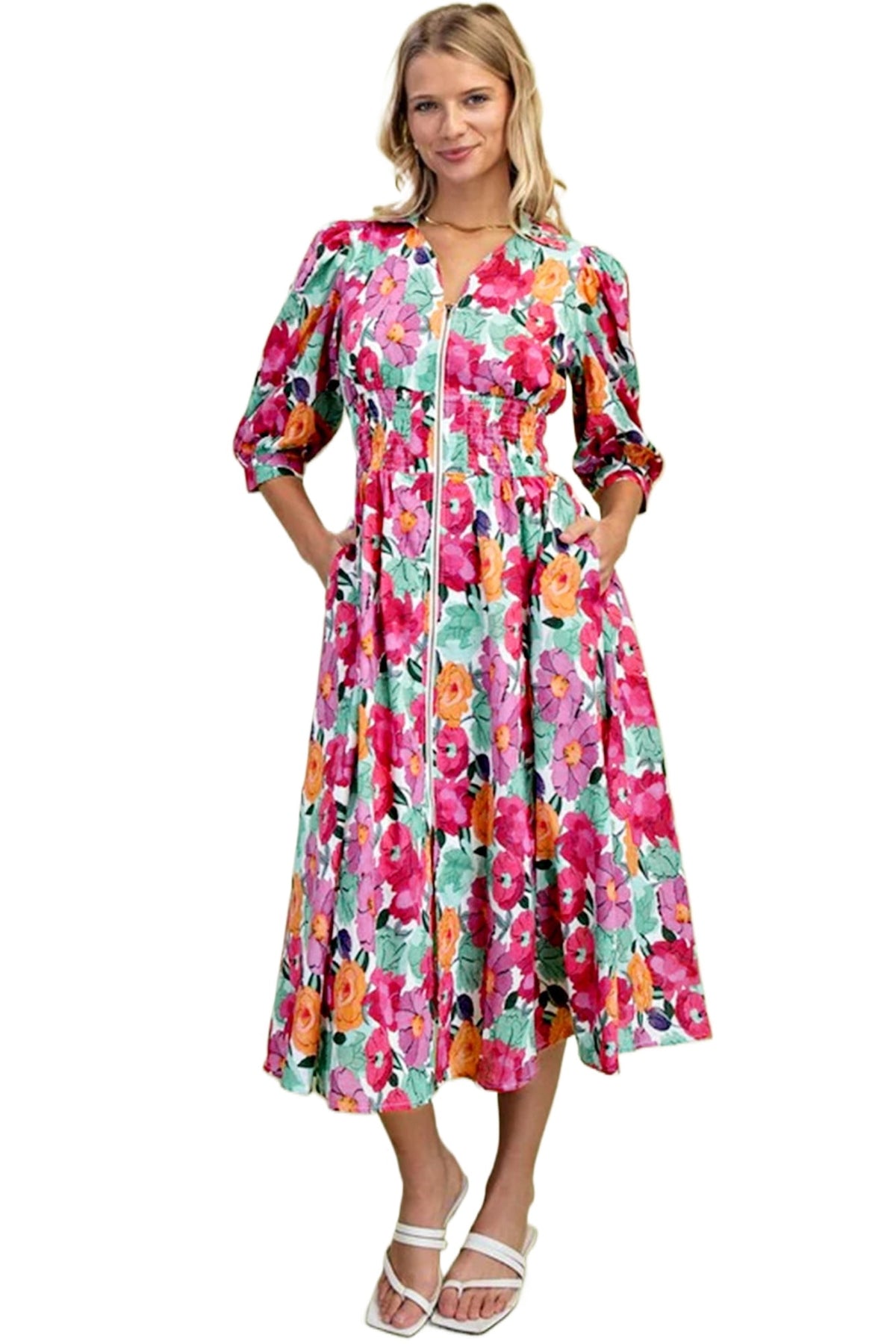 thumbnail image 1 of Women's Floral Midi Dress – V Neck Zip Up Shift Dress with Shirred Waist, Casual Summer Vacation Style, XL, 1 of 12