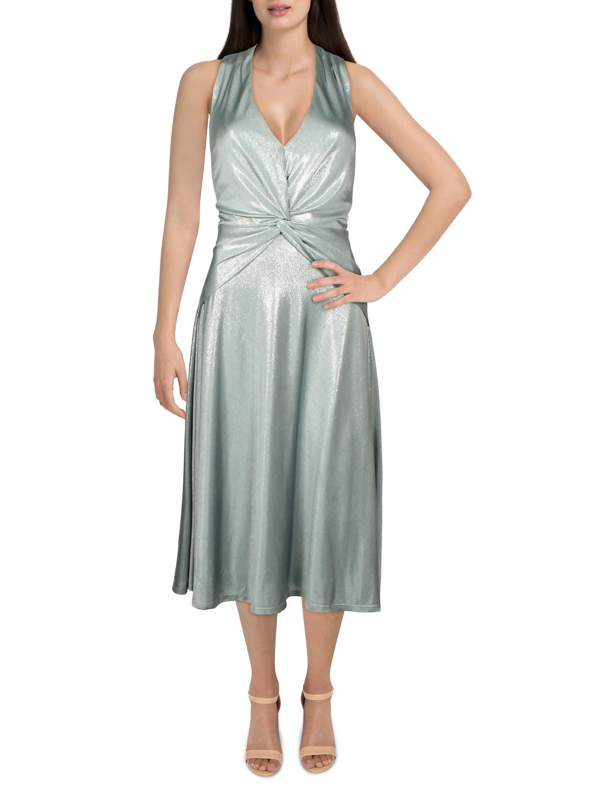 thumbnail image 1 of Women's Foil-Print Jersey Twist-Front Cocktail Dress Indigo Ocean Silver Foil 16, 1 of 2