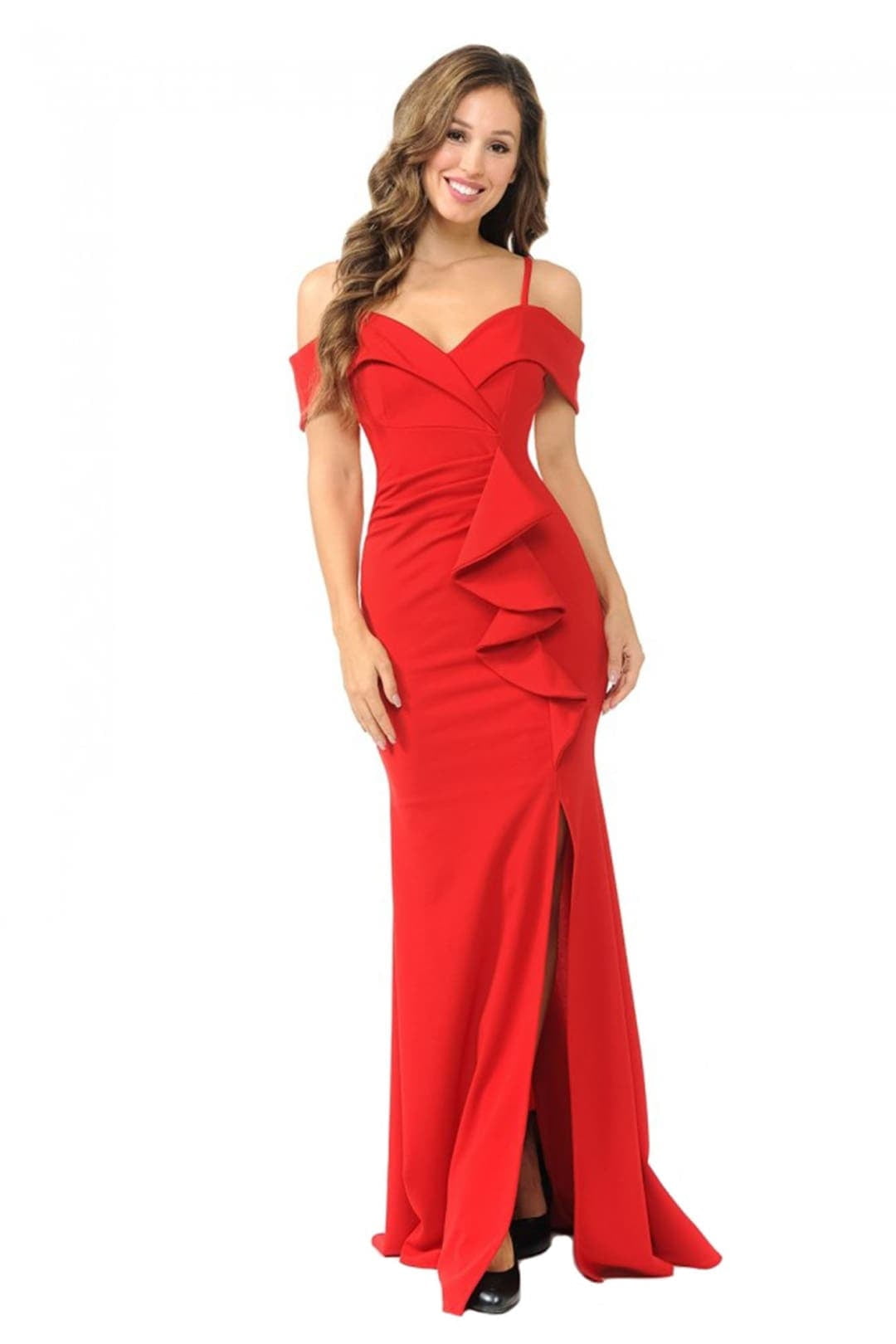 thumbnail image 1 of Women's Lenovia 5206 Cold Shoulder Mermaid Ruffled Prom 2026 Dress-New Collection Christmas - New Year Holiday Red M, 1 of 1