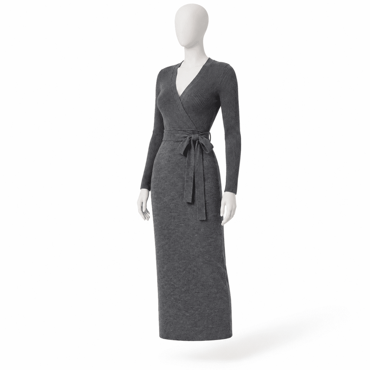 thumbnail image 1 of Women's Long Sleeve Wrap V-Neck Midi Dress, Dark Grey-Medium, 1 of 6