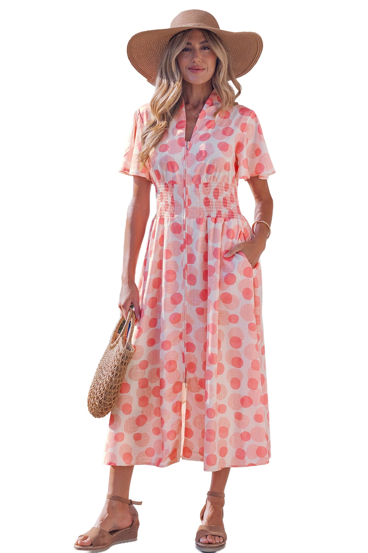 thumbnail image 1 of Women's Pink Polka Dot Maxi Dress – Elegant High Waist A-Line Long Dress with Smocked Waist, XL, 1 of 12