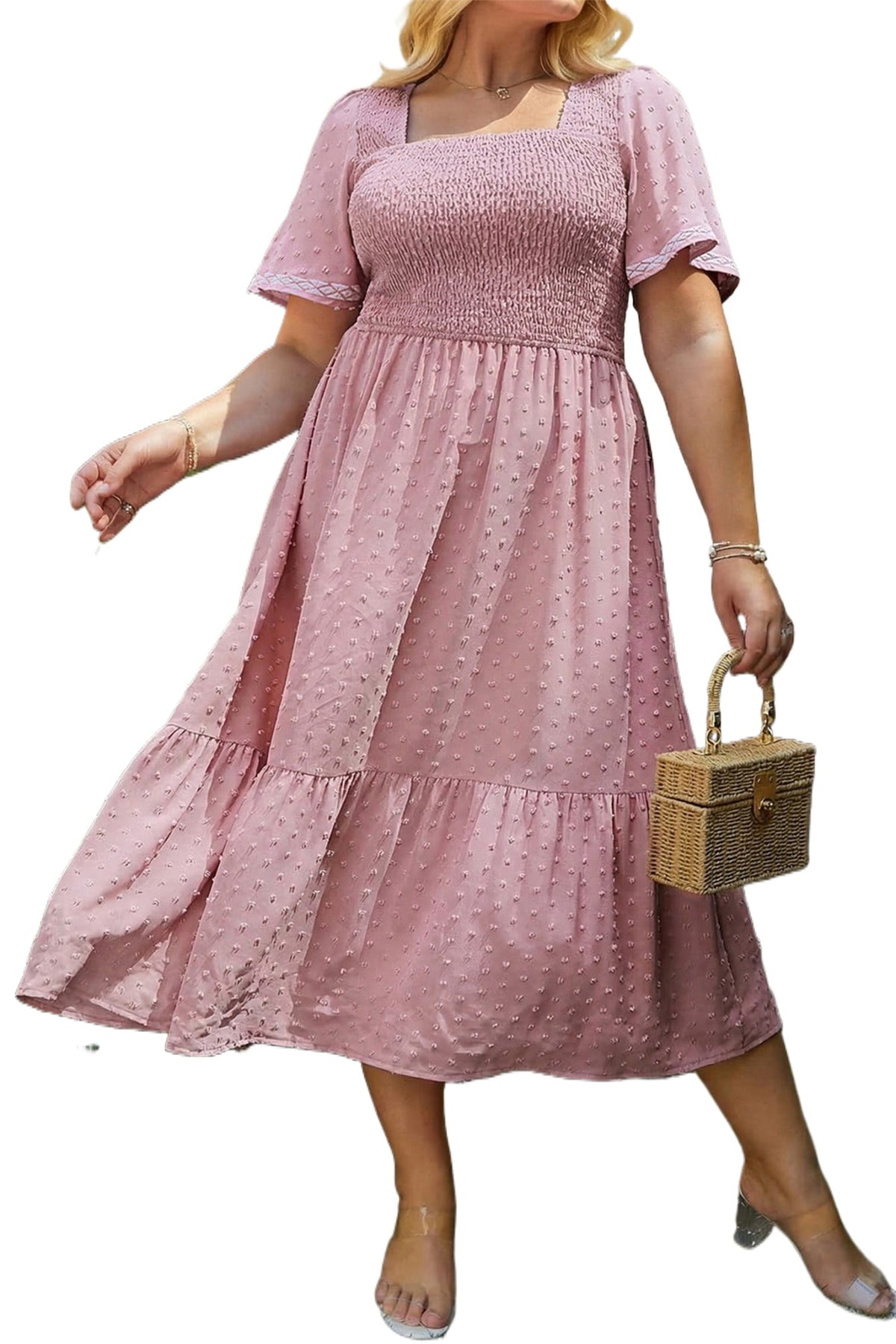 thumbnail image 1 of Women's Pink Swiss Dot Midi Dress – Smocked High Waist Flowy Summer Shift Dress, 4X, 1 of 12