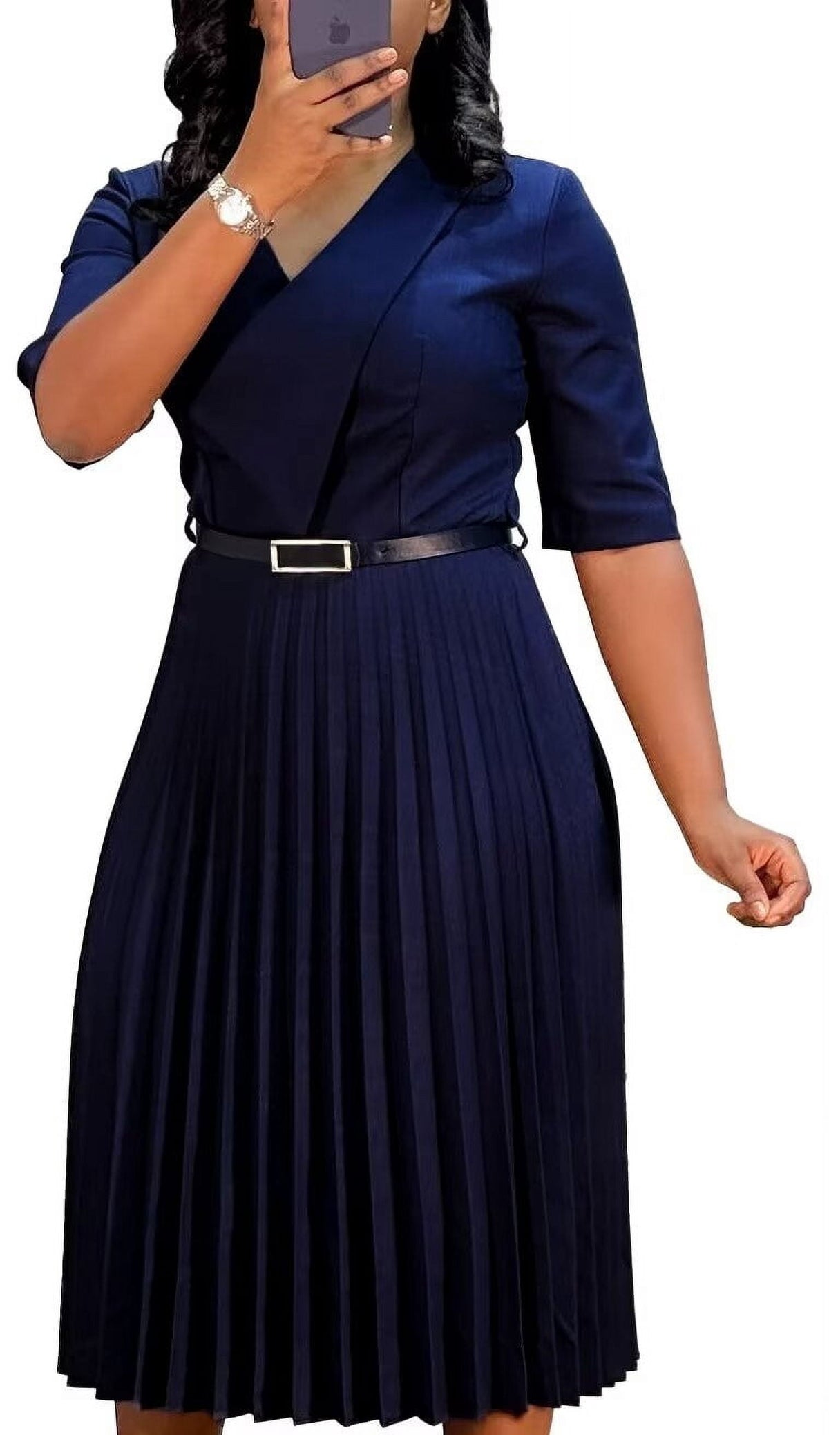 thumbnail image 1 of Women's Pleated Dress Cocktail Church Wedding Midi Dress A-Line Casual Dresses, 1 of 9