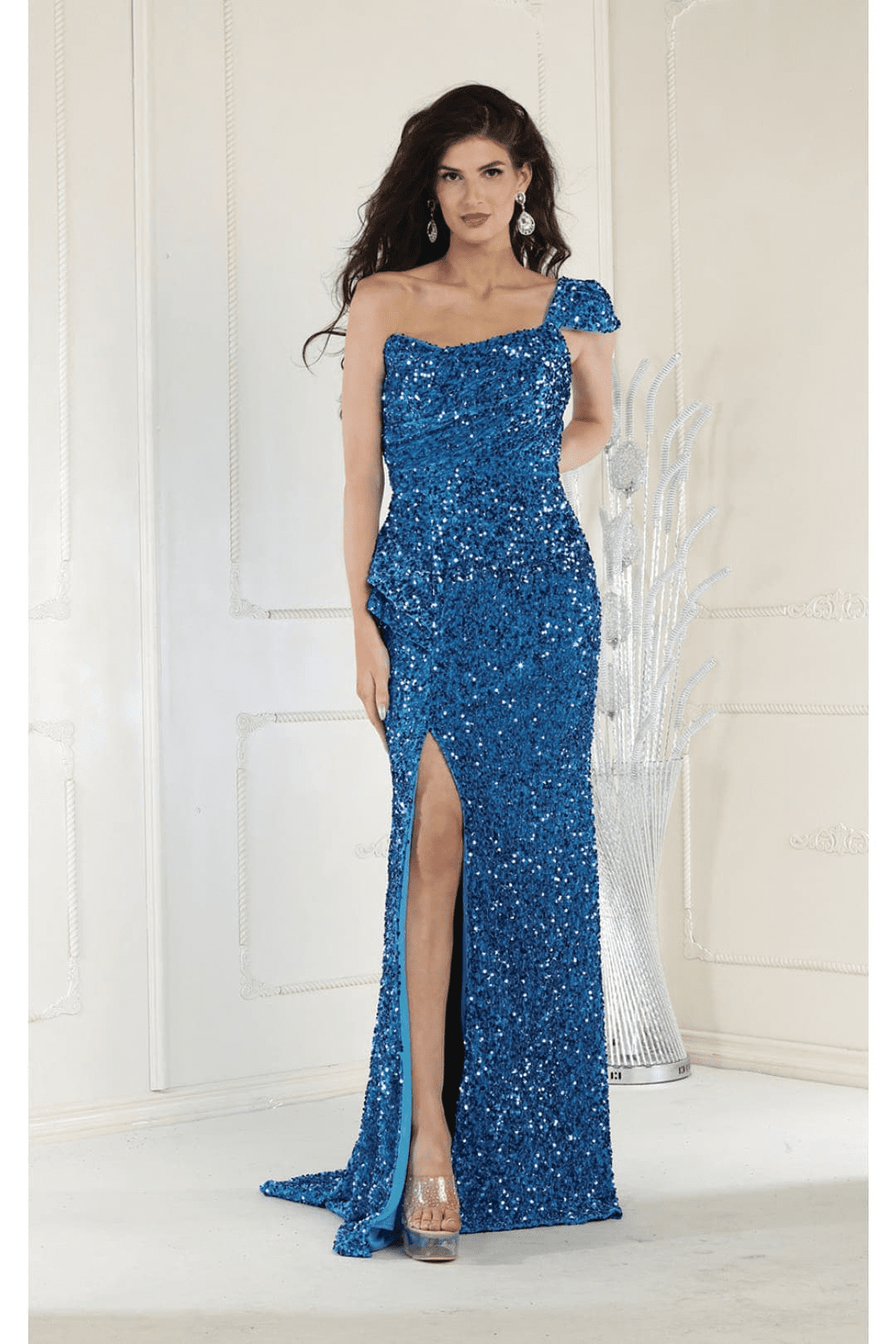 thumbnail image 1 of Women's Royal Queen RQ8003 Stretch Bodycon Sequin Velvet Sweep Train Long Prom 2026 Dress Turquoise 12 New Year's Eve, 1 of 1