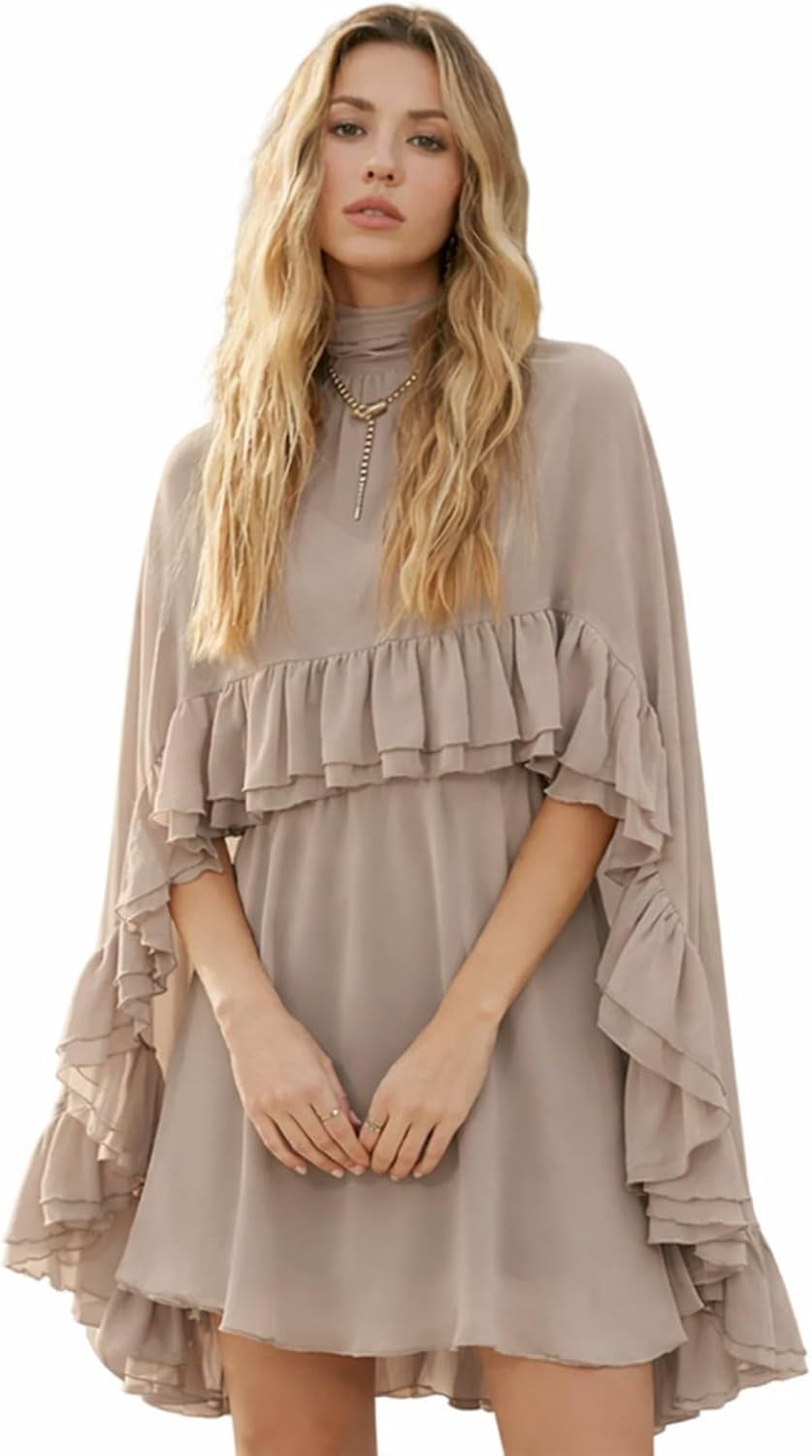 thumbnail image 1 of Women’s Semi Sheer Chiffon Ruffle Dress with Outer Cape, Poncho Sleeve Flowy Mini Dress, Loose Fit Elegant Summer Dress, 1 of 7