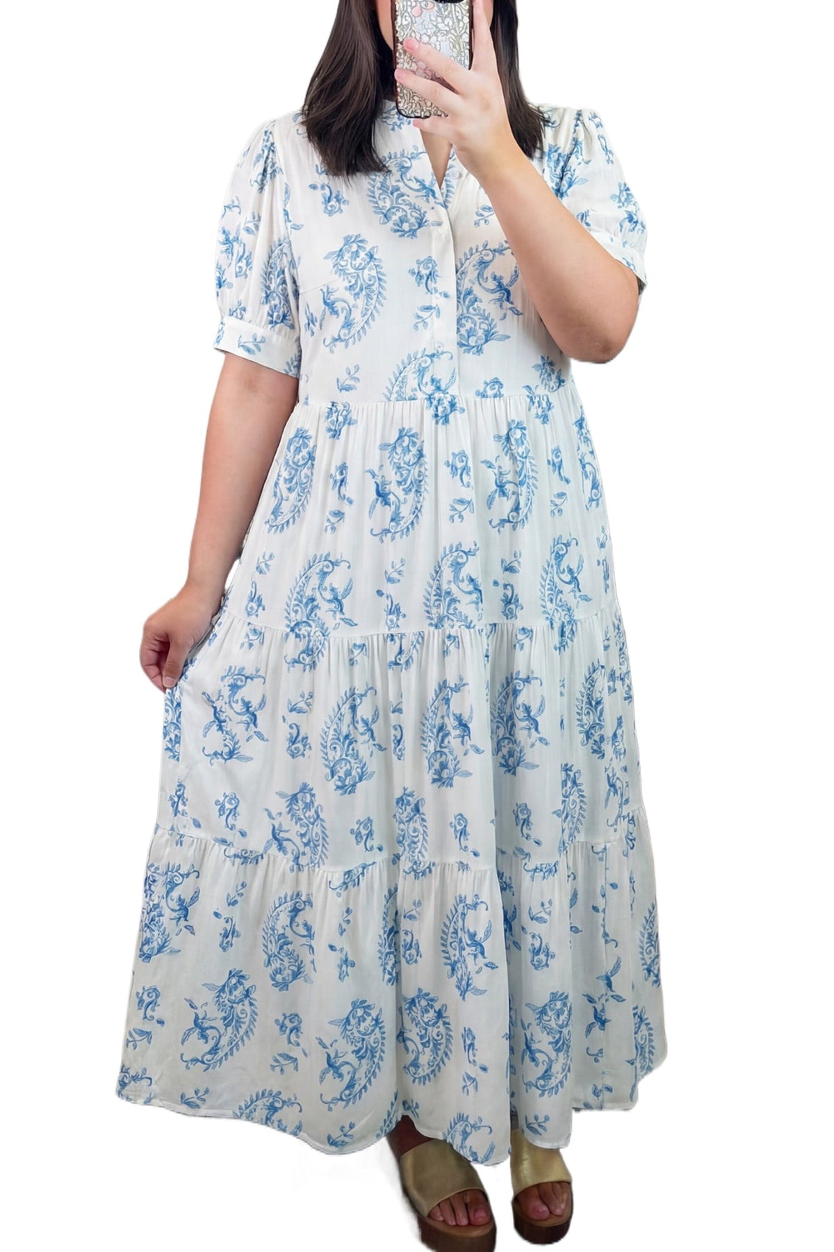 thumbnail image 1 of Women's Sky Blue Geometric Floral Maxi Dress – Casual Summer V-Neck with Short Sleeves, 4X, 1 of 12