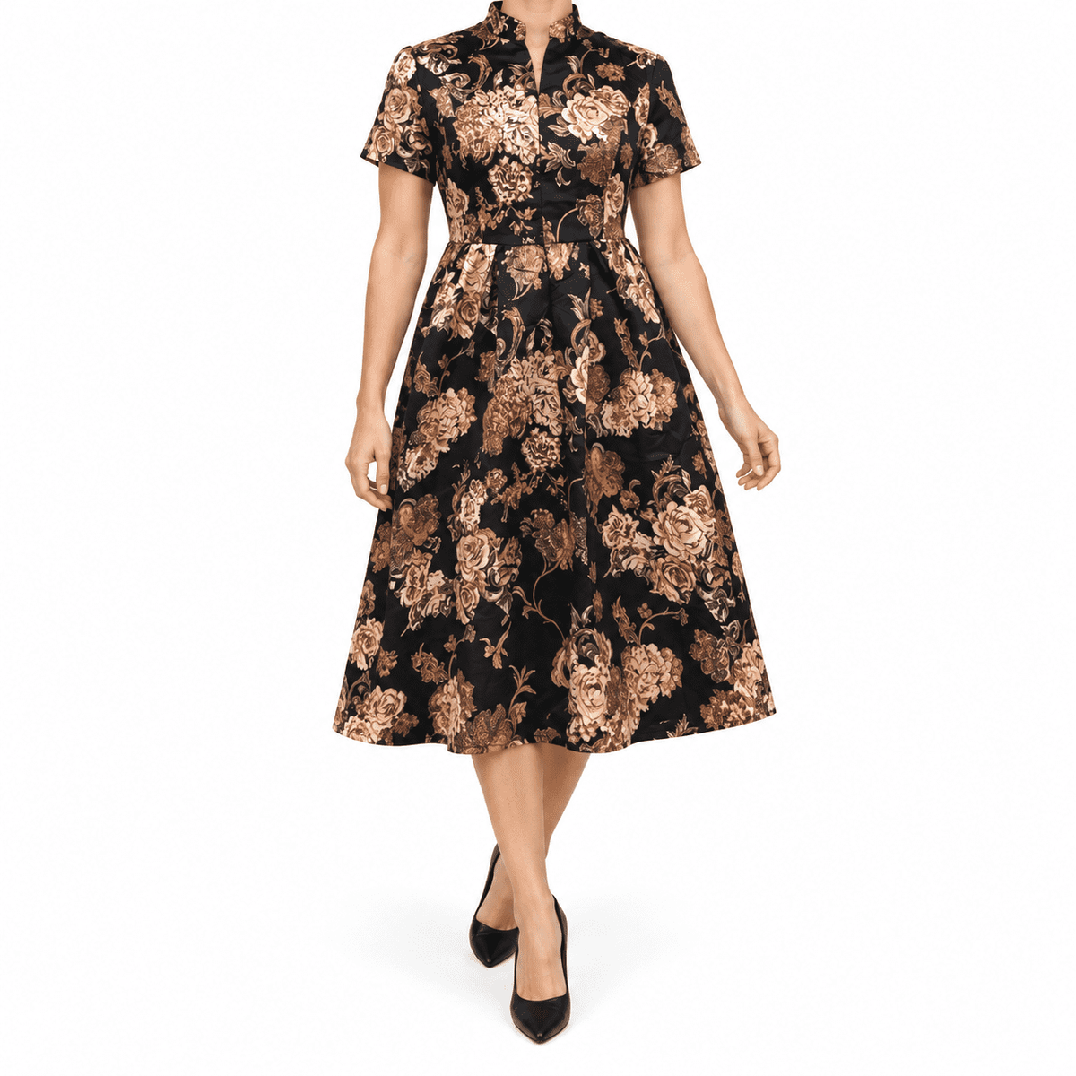 thumbnail image 1 of Women's Vintage Gold Peony Satin Midi Dress Mandarin Collar Short Puff Sleeve Hidden Pockets A-Line Dress, 1 of 6