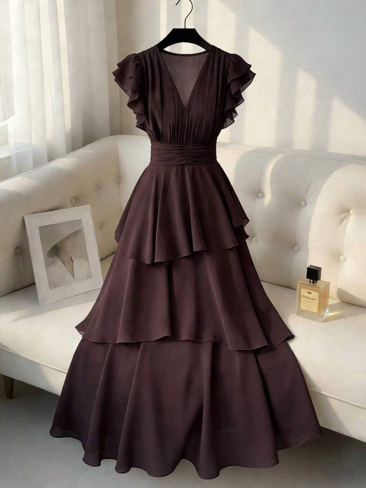 thumbnail image 1 of Womens Brown V-Neck Tiered Ruffle Maxi Dress Flutter Sleeve Asymmetric Hem, 1 of 7