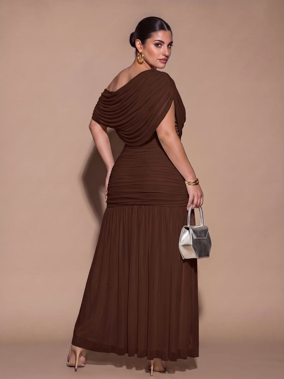 thumbnail image 1 of Womens Coffee Brown One Shoulder Long Dress, Elegant Pleated Party Gown, 1 of 7
