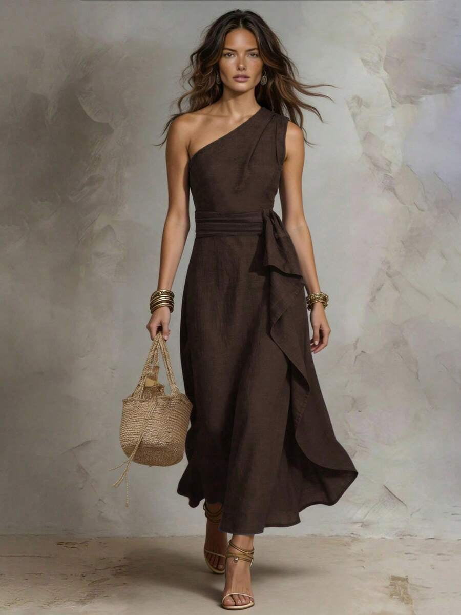 thumbnail image 1 of Womens Coffee Brown One Shoulder Sleeveless Ruffle Maxi Dress, 1 of 5