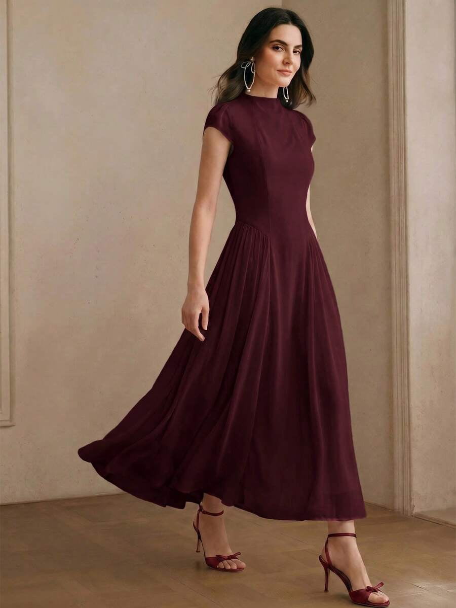 thumbnail image 1 of Womens Elegant Burgundy Cap Sleeve High Neck A-Line Long Pleated Maxi Dress, 1 of 6