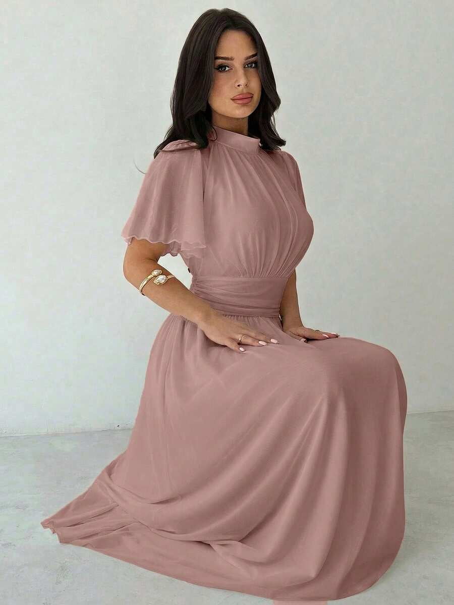 thumbnail image 1 of Womens Elegant Dusty Pink Pleated High Waist A-Line Maxi Dress, Stand, 1 of 6