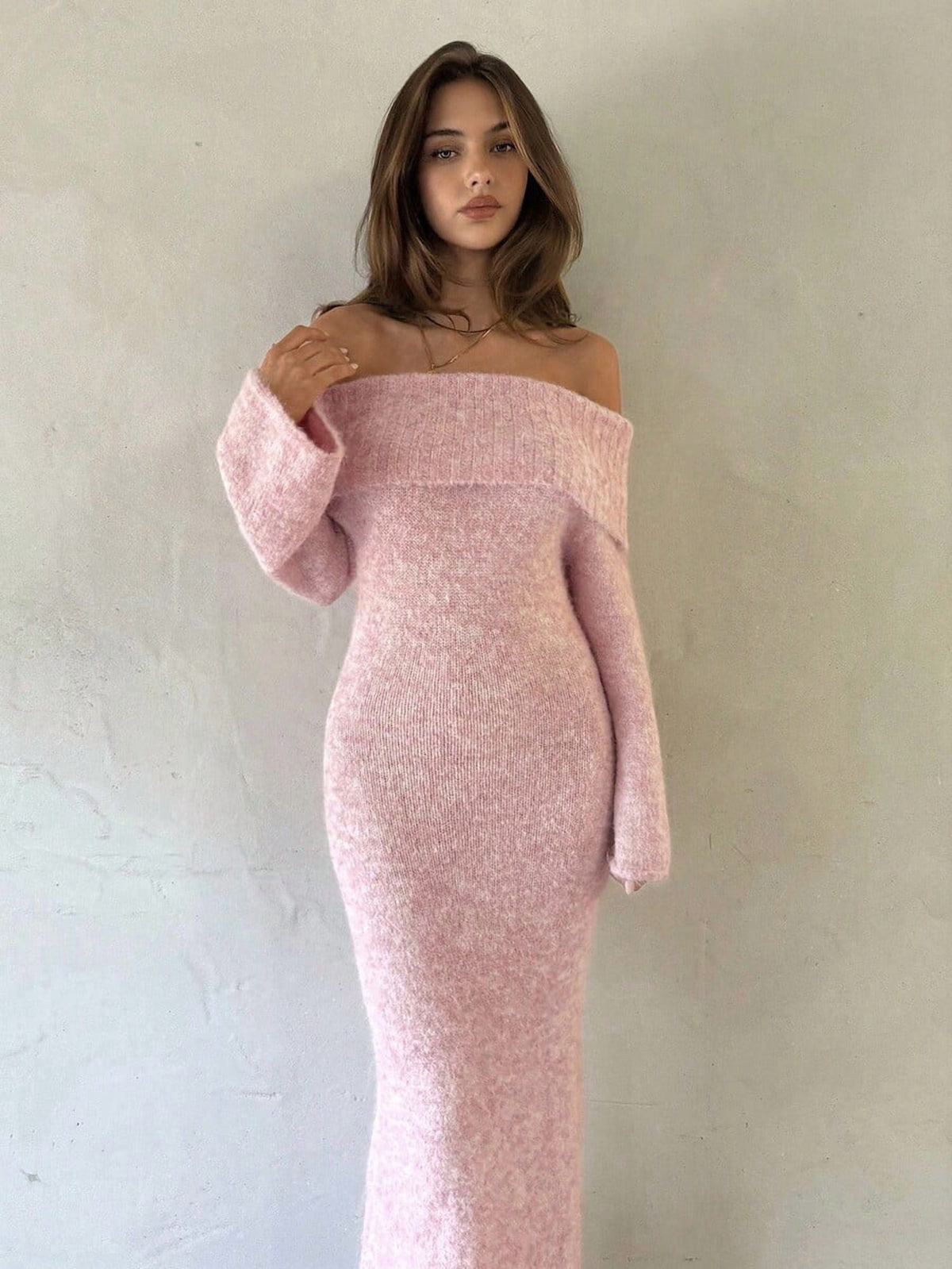 thumbnail image 1 of Womens Off Shoulder Long Sleeve Knit Sweater Dress Bodycon Maxi Pink, 1 of 8