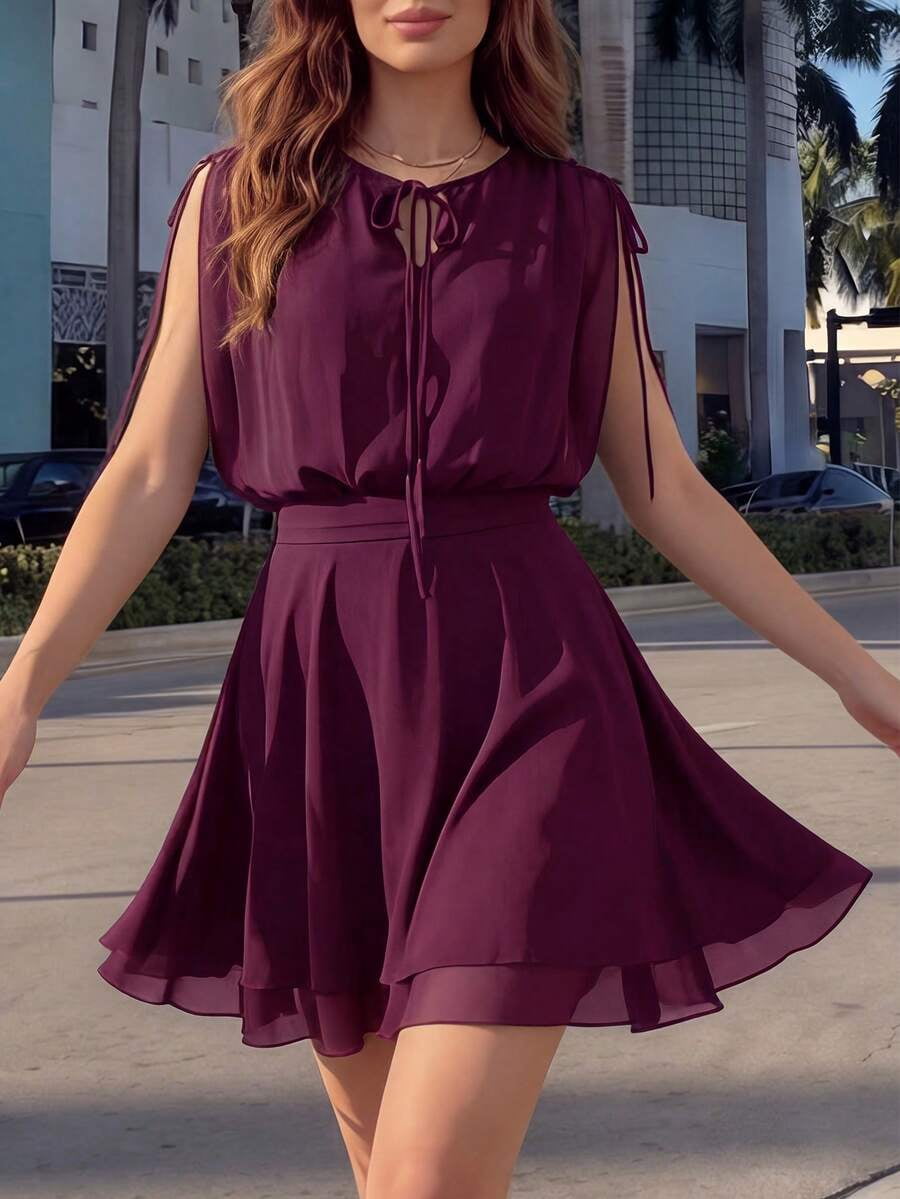 thumbnail image 1 of Womens Purple Tie Neck Flowy Mini Dress, Elegant Layered Ruffle Skirt For, 1 of 10