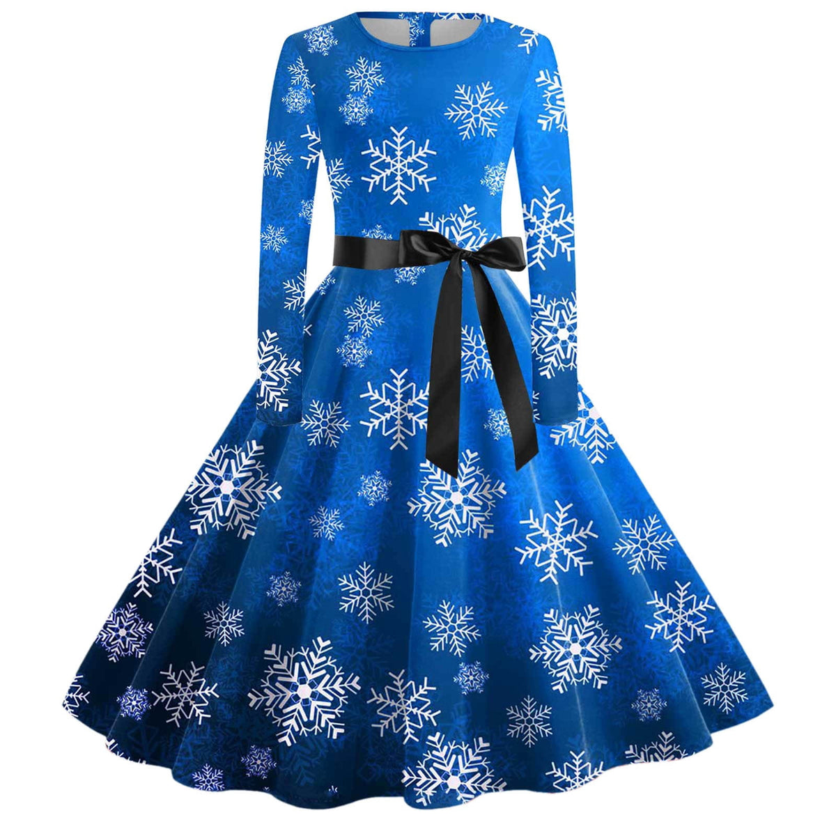 thumbnail image 1 of XIAOCHA Printed Christmas Midi Dress for Women Long Sleeve Snowflake Graphic Sash Tie Xmas Dress,Blue,Szie XXL, 1 of 3