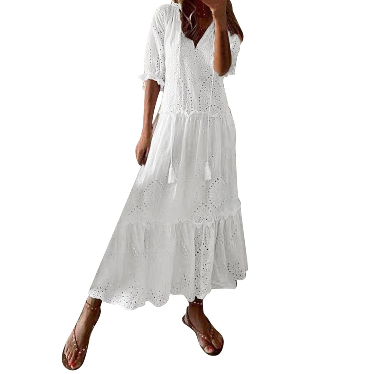thumbnail image 1 of XIAOCHA Eyelet Embroidered Dress for Women Loose V Neck Three Quarter Sleeves Tiered Maxi Dress Airy Boho Vacation Dresses, 1 of 8