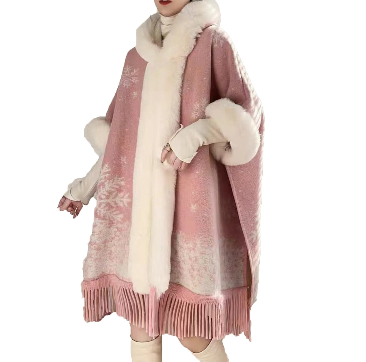 thumbnail image 1 of Gpaecead Women's Wrap Cape Faux Fur Collar Christmas Shawl Knit Poncho Cloak Cardigan Coat Evening Dress Free Size Pink, 1 of 1
