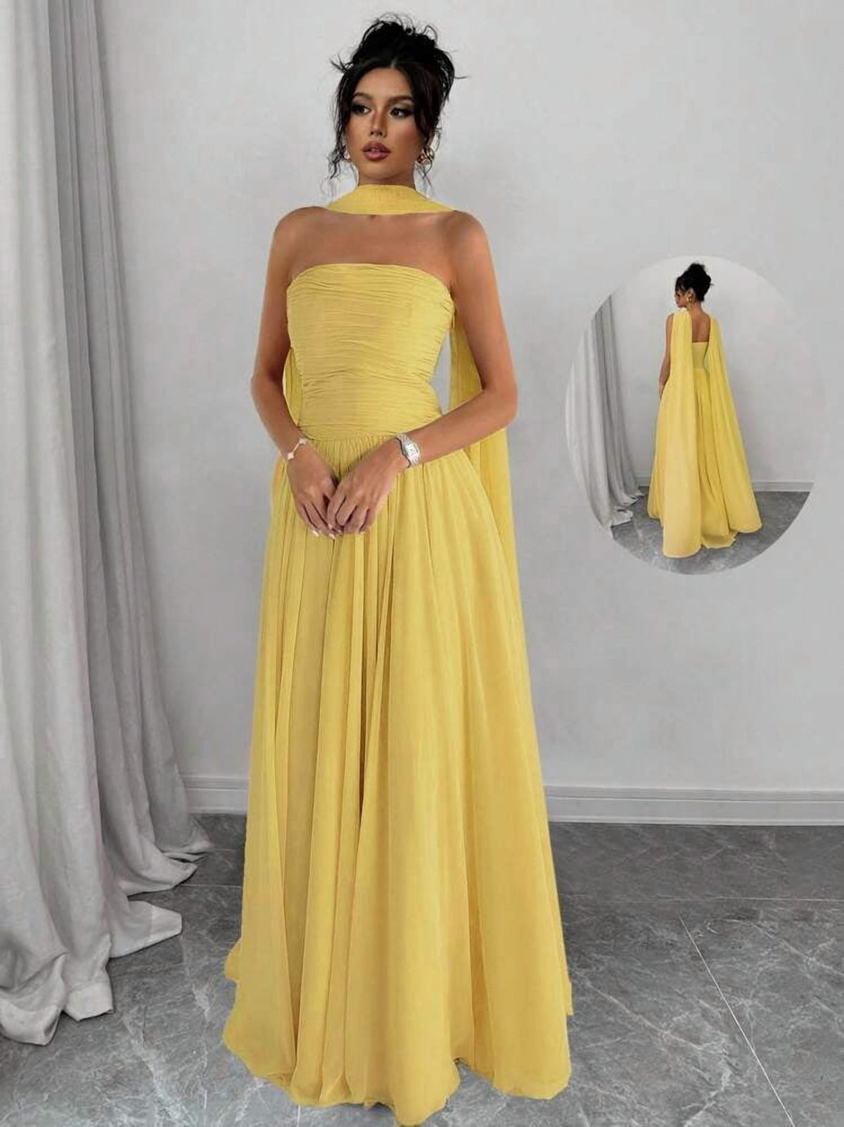 thumbnail image 1 of Yellow Halter Maxi Dress with Cape Detail and Pleated Bodice, 1 of 5