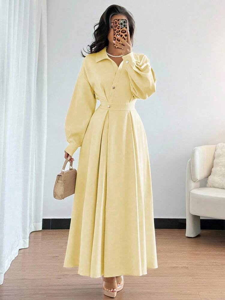 thumbnail image 1 of Yellow Long Sleeve A-Line Vacation Dress with Waist Gathered, 1 of 6