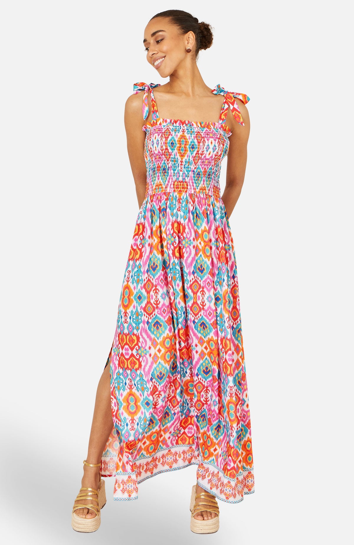 thumbnail image 1 of Yumi Ikat Print Maxi Sun Dress - Neutral, 4, 1 of 4