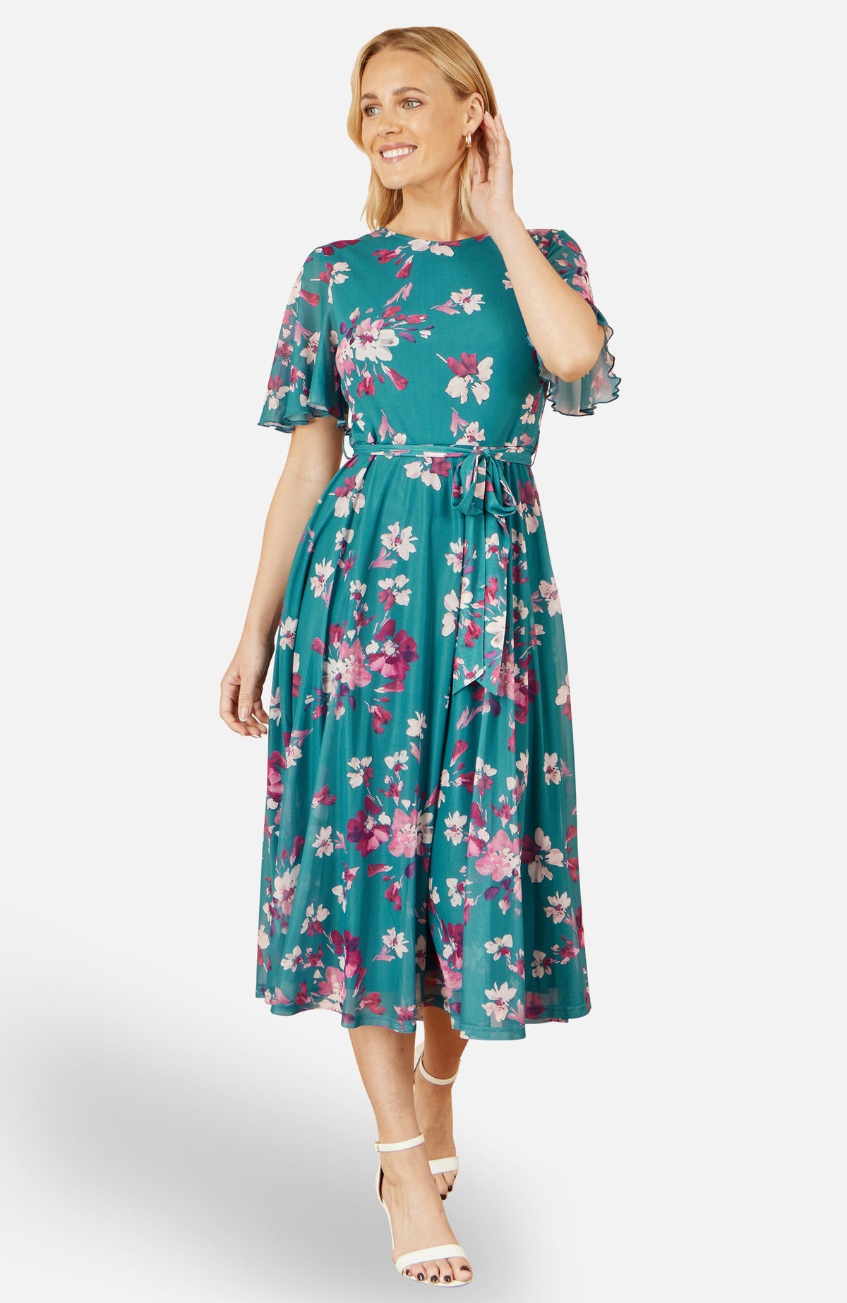thumbnail image 1 of Yumi Mesh Skater Floral Midi Dress - Blue, 4, 1 of 5
