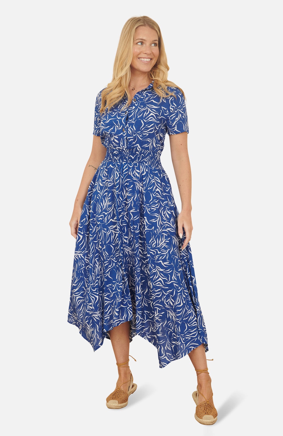 thumbnail image 1 of Yumi Printed Midi Ruched Shirt Dress - Blue, 6, 1 of 6