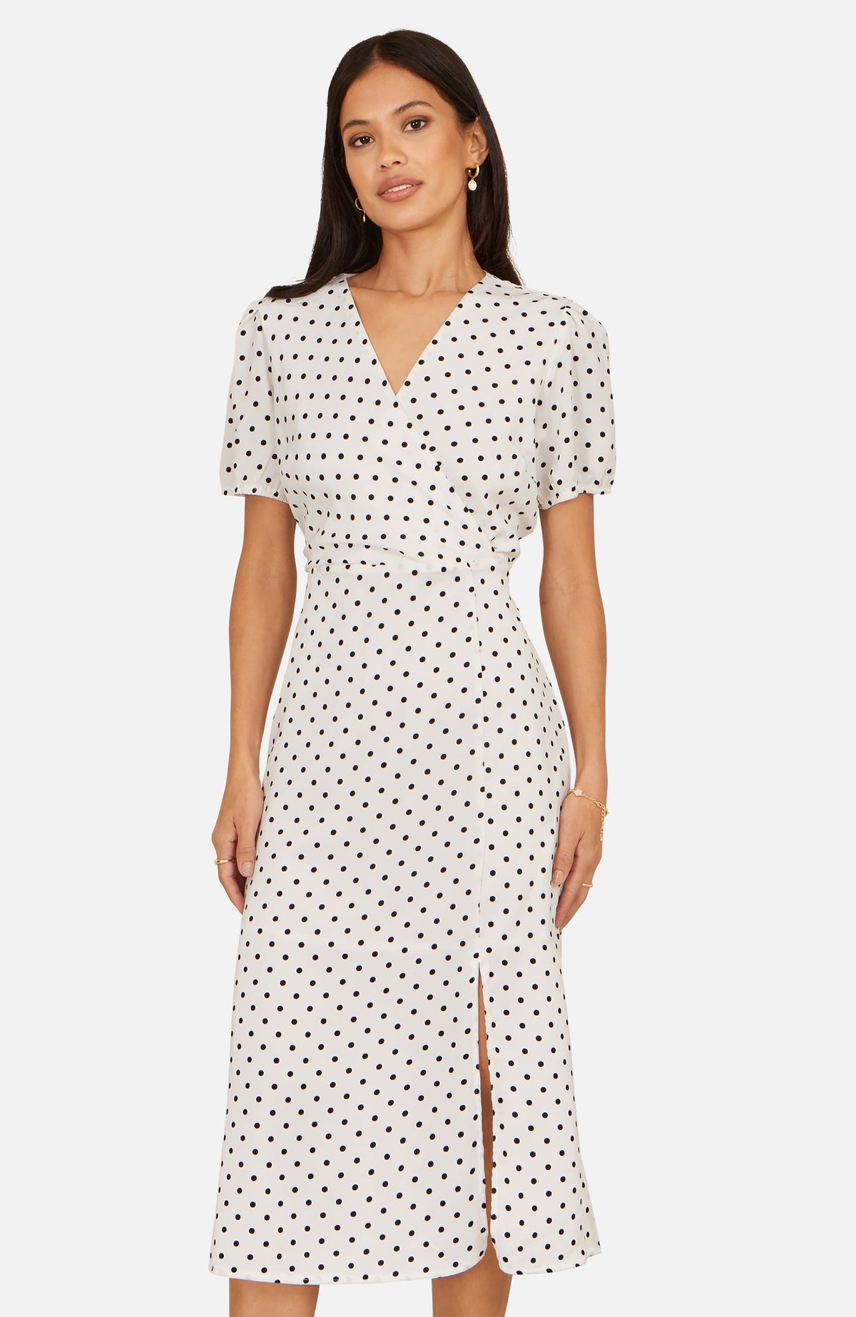 thumbnail image 1 of Yumi Spot Print Wrap Tea Dress - White, 12, 1 of 5