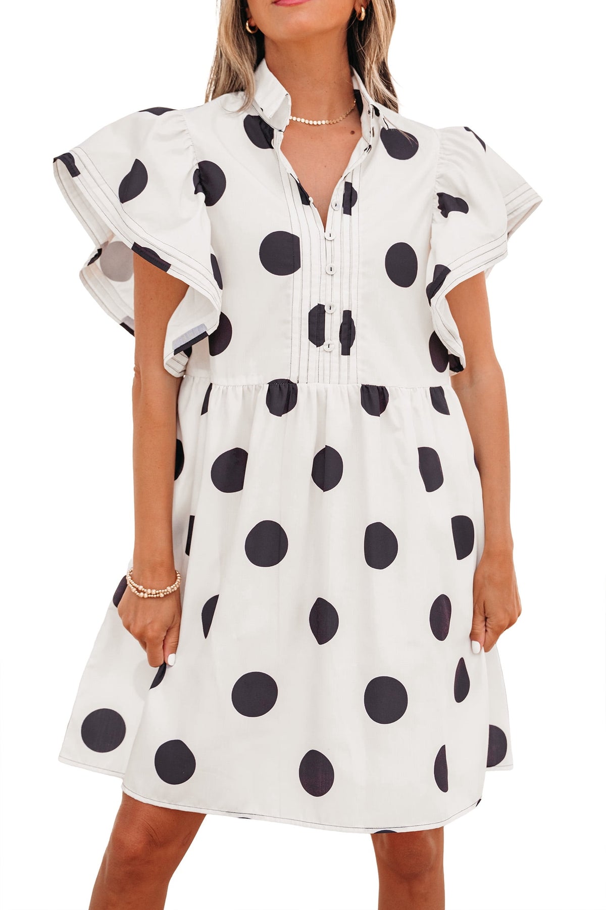 thumbnail image 1 of ZhiHiMeRi Women's Polka Dot Half Button Mini Dress – Ruffled Puff Sleeves, Flowy High Waist Summer Style, Thoughtful Gift XL, 1 of 12