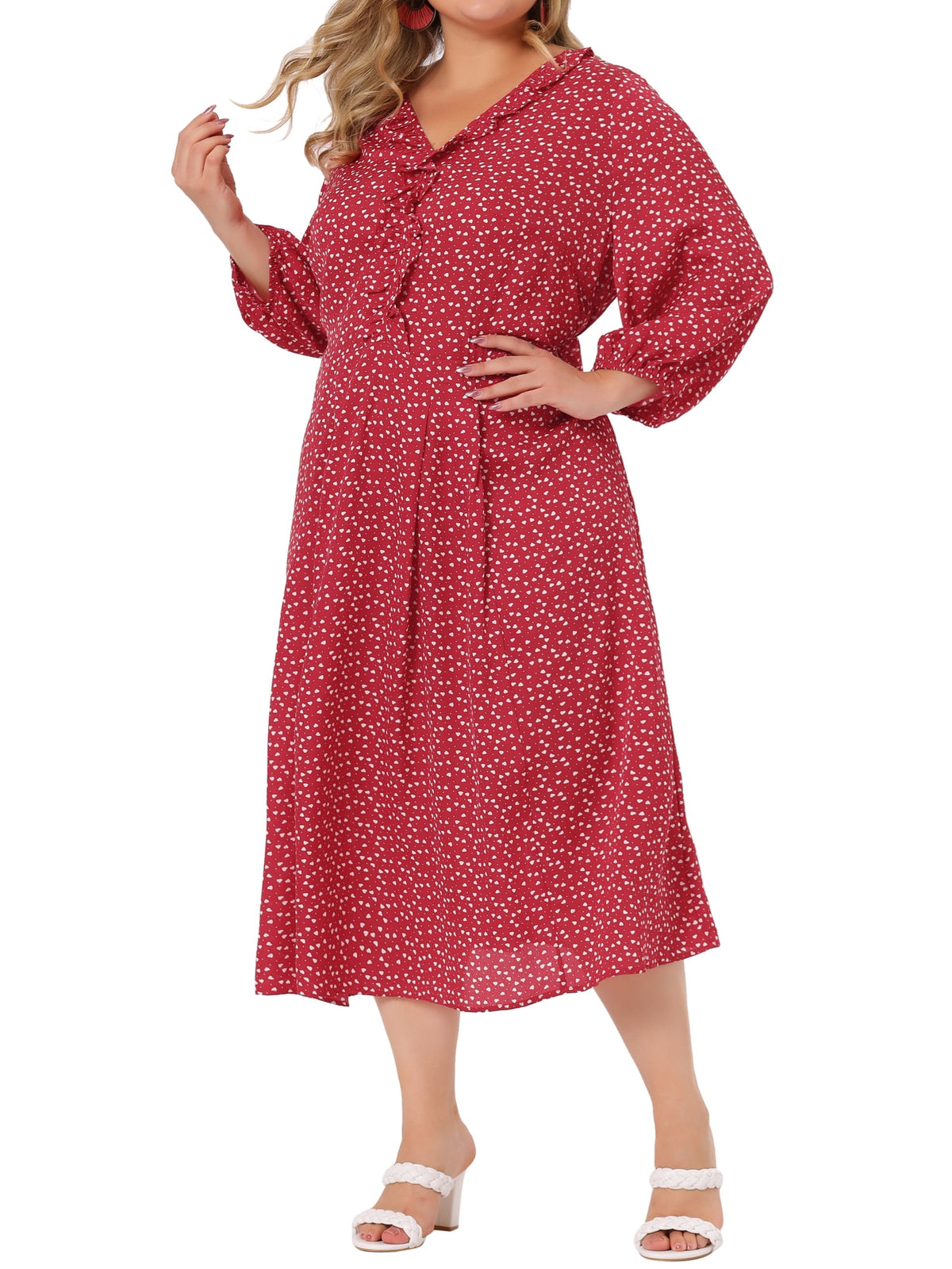thumbnail image 4 of Agnes Orinda Women's Plus Size Dress Long Sleeves V Neck Ruffle Dresses 3X Red, 4 of 6