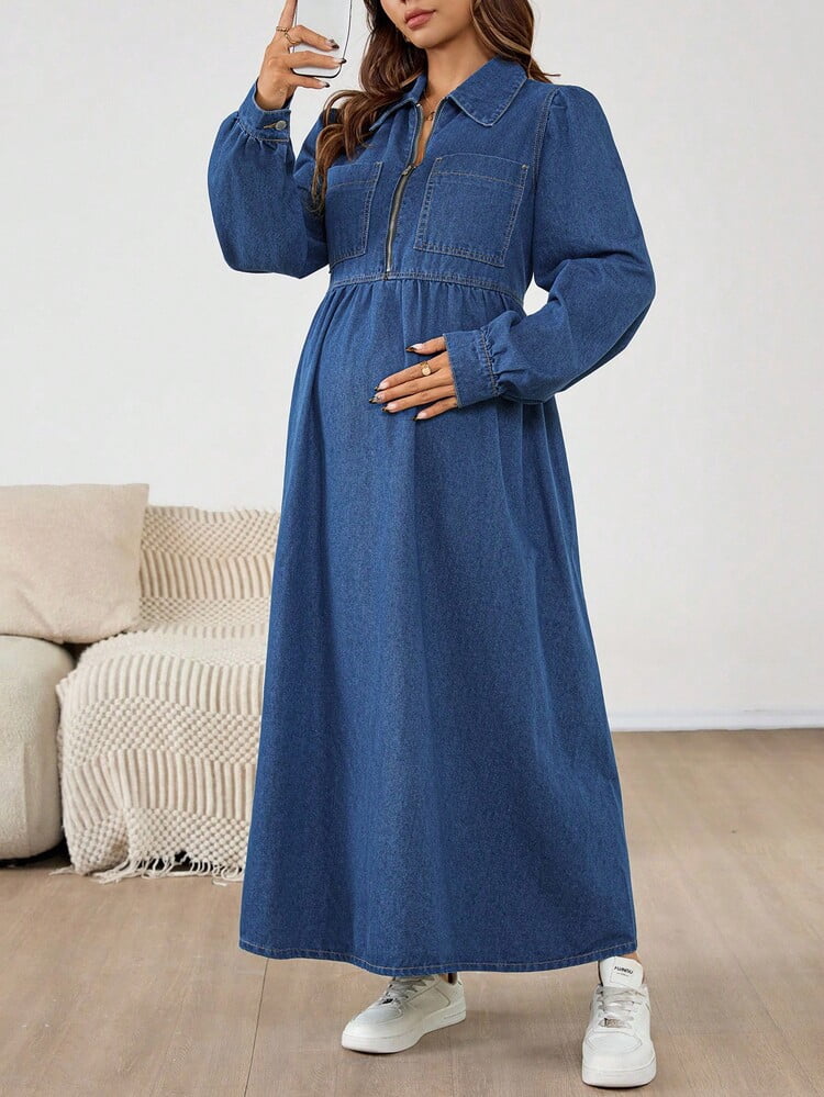 thumbnail image 5 of Blue Maternity Denim Dress with Front Zipper and Collar, 5 of 7