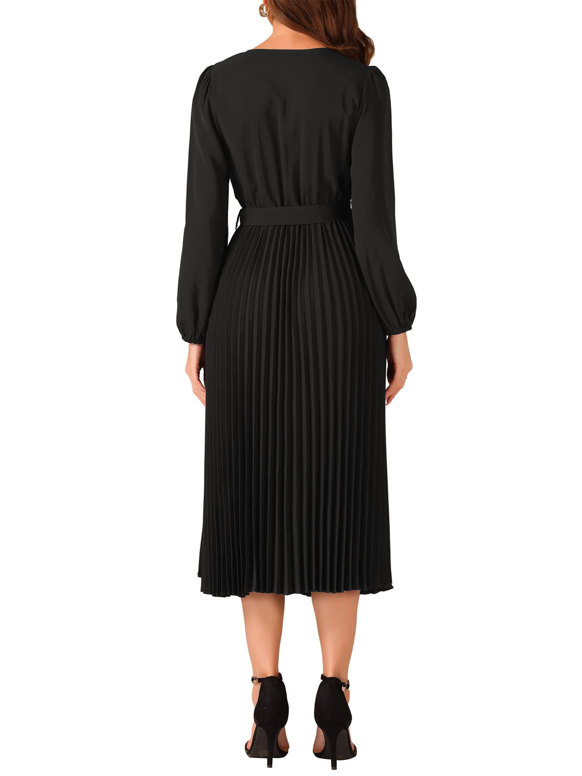 thumbnail image 3 of Elegant Pleated Swing Dress for Women's Solid Sleeveless V-Neck Long Sleeve Wear to Work Black L, 3 of 5