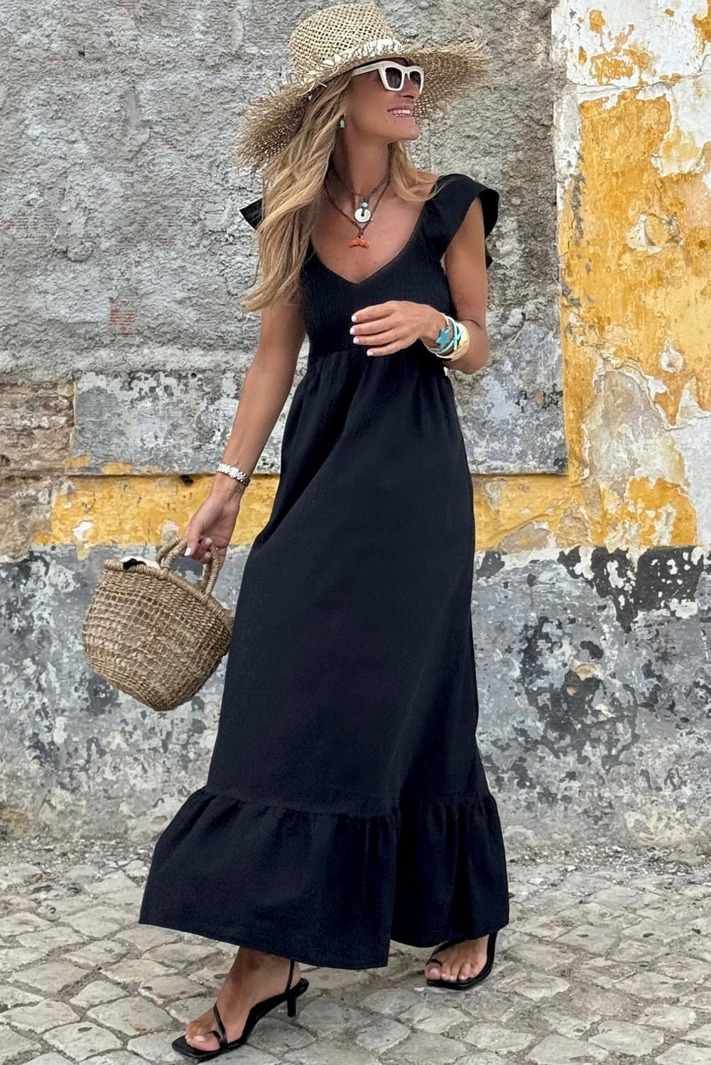 thumbnail image 3 of Black V Neck Flutter Sleeve Smocked Bodice High Waist Ruffle Maxi Dress, 3 of 19